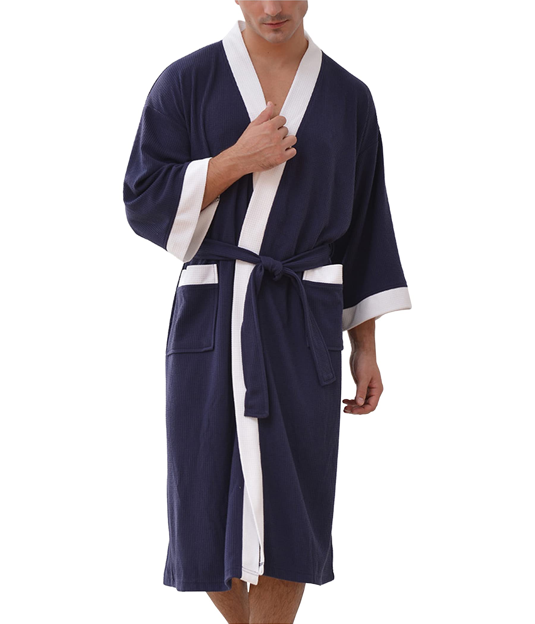 Men's Cotton Blend Kimono Robe - Japanese Style V-Neck Cardigan Bathrobe for Home, Spa & Lounge Wear - Soft Comfortable Pajama Nightgown for Relaxation & Sleep