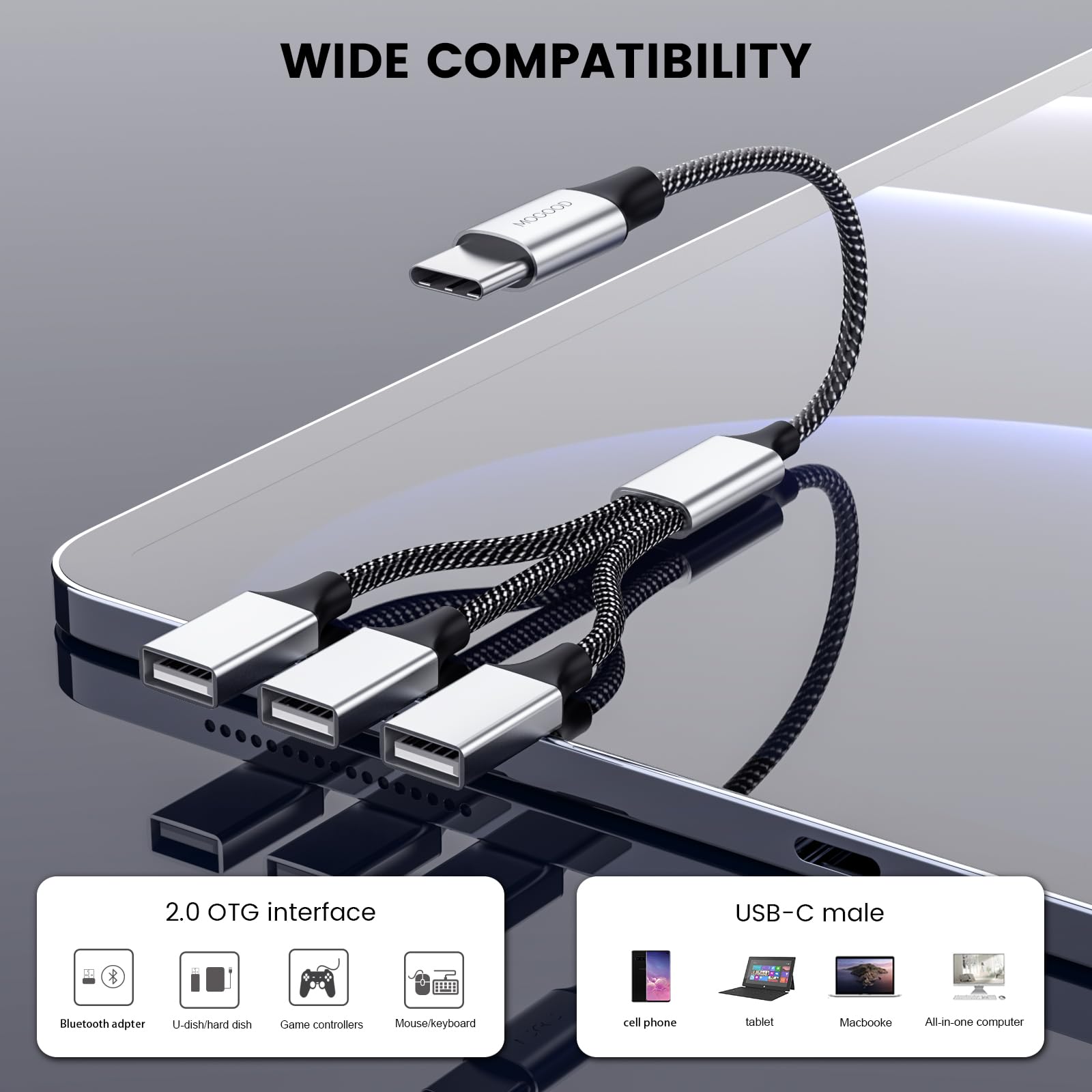 USB C to 3 USB A 2.0 Hub Adapter - Type C Male to Triple USB Female Splitter Cable for MacBook, iPad Pro/Air, Surface Go, PC & Laptop - Perfect for Charging Multiple Devices Simultaneously