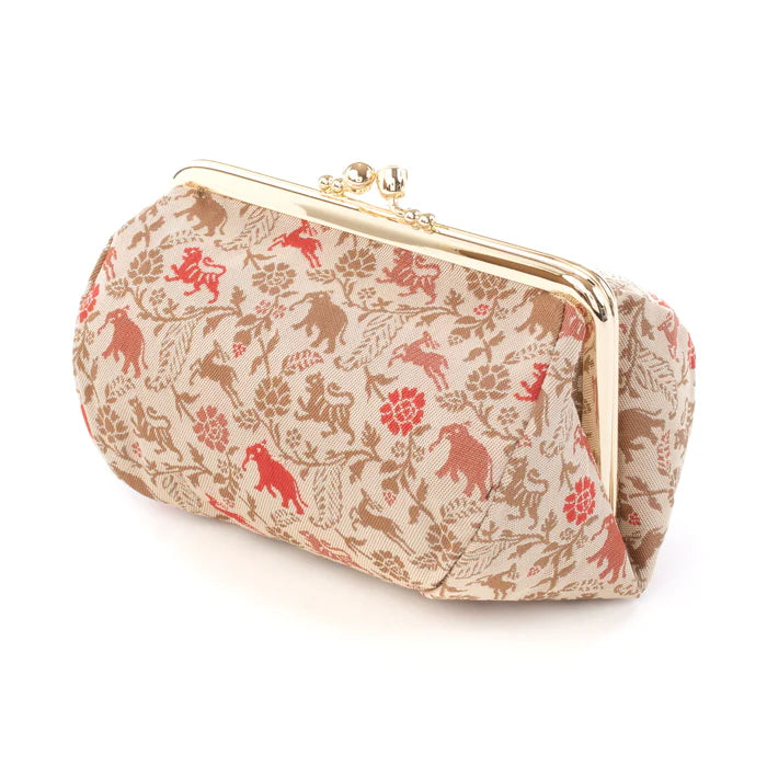 Authentic Nishijin Ori Small Tiger/Cream Pouch - Handmade in Kyoto Japan | Premium Cosmetic & Makeup Organizer | Japanese Gamaguchi Style Travel Toiletry Bag | Versatile Stationery Pouch & Bag-in-Bag Organizer for Women's Purse, Office, and Travel Essentials