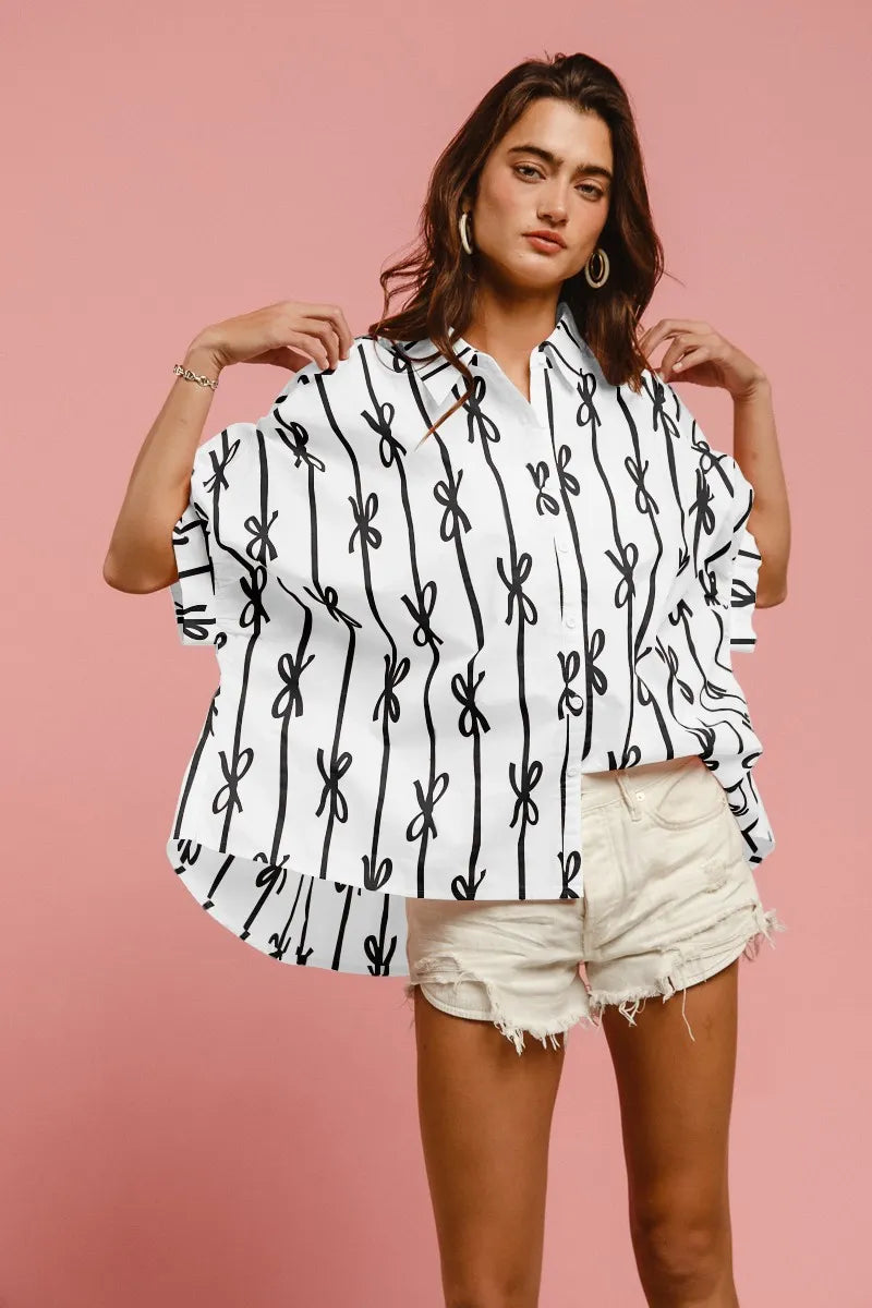 BiBi Bow Ribbon Woven Printed Button Down Shirt for Women - Stylish Casual Blouse for Office, Date Night & Spring Outfits