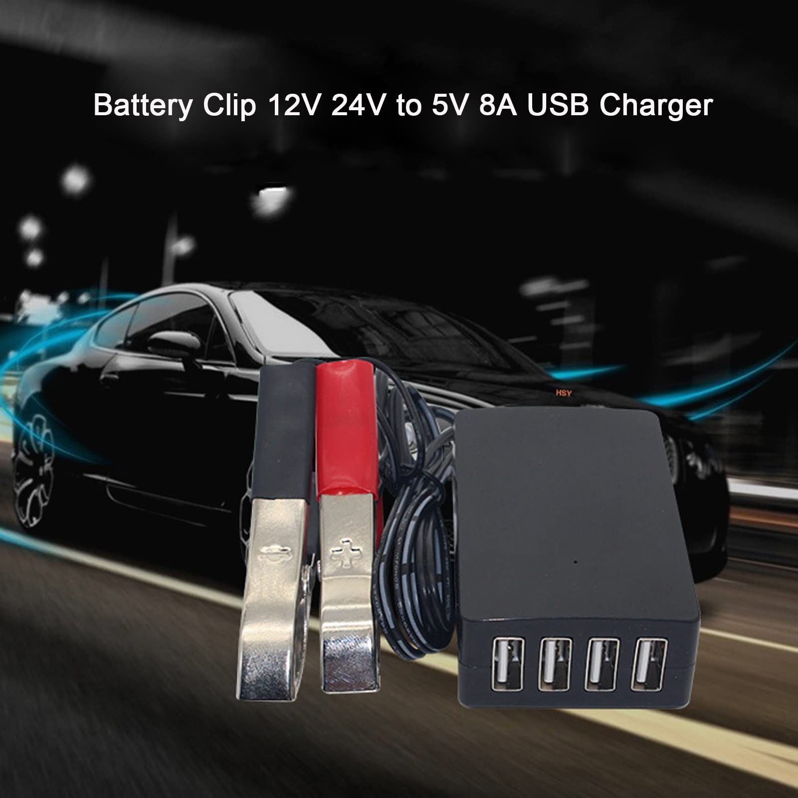 12V 24V to 5V 8A USB Power Converter with Battery Clip - Car Charger Adapter for Phones, Tablets & Devices | Ideal for Road Trips, Camping & Emergency Power Supply