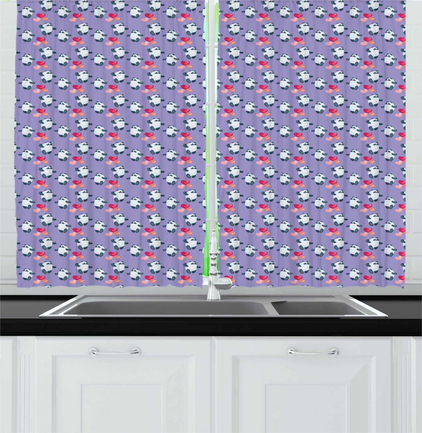Ambesonne Valentine's Day Kitchen Curtains - Cute Panda Bears with Heart Balloons Cartoon Design, 2 Panel Rod Pocket Drapes for Window Decor, 55 x 45 Inches, Lavender Multicolor - Perfect for Romantic Dining Room & Valentine's Day Home Decoration