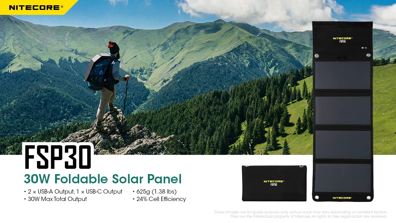 NITECORE FSP30 30W Portable Solar Charger with USB-A & USB-C | 4 Foldable High-Efficiency Panels | Fast Charging for Phones, Tablets, Power Banks | Perfect for Camping, Hiking, RV Trips & Outdoor Adventures