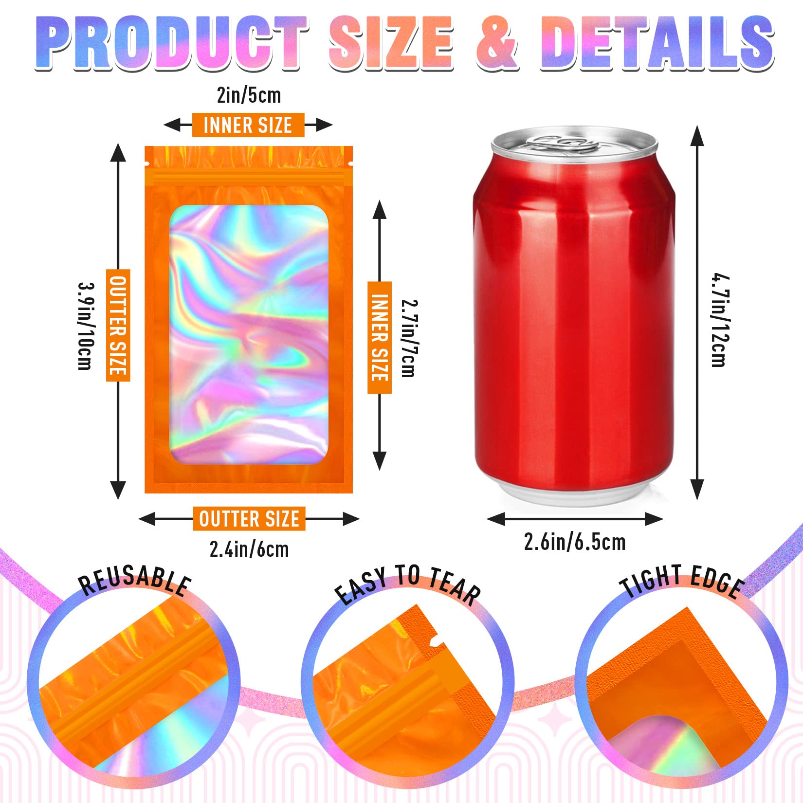 Smell Proof Resealable Bags 4x6 Inch - 100 Pack Holographic Mylar Bags for Food, Candy, Snacks, Jewelry & Eyelash Extensions | Airtight Storage Solution for Small Business, Gift Packaging & Product Samples | Perfect for Retail, Parties & Travel Organization