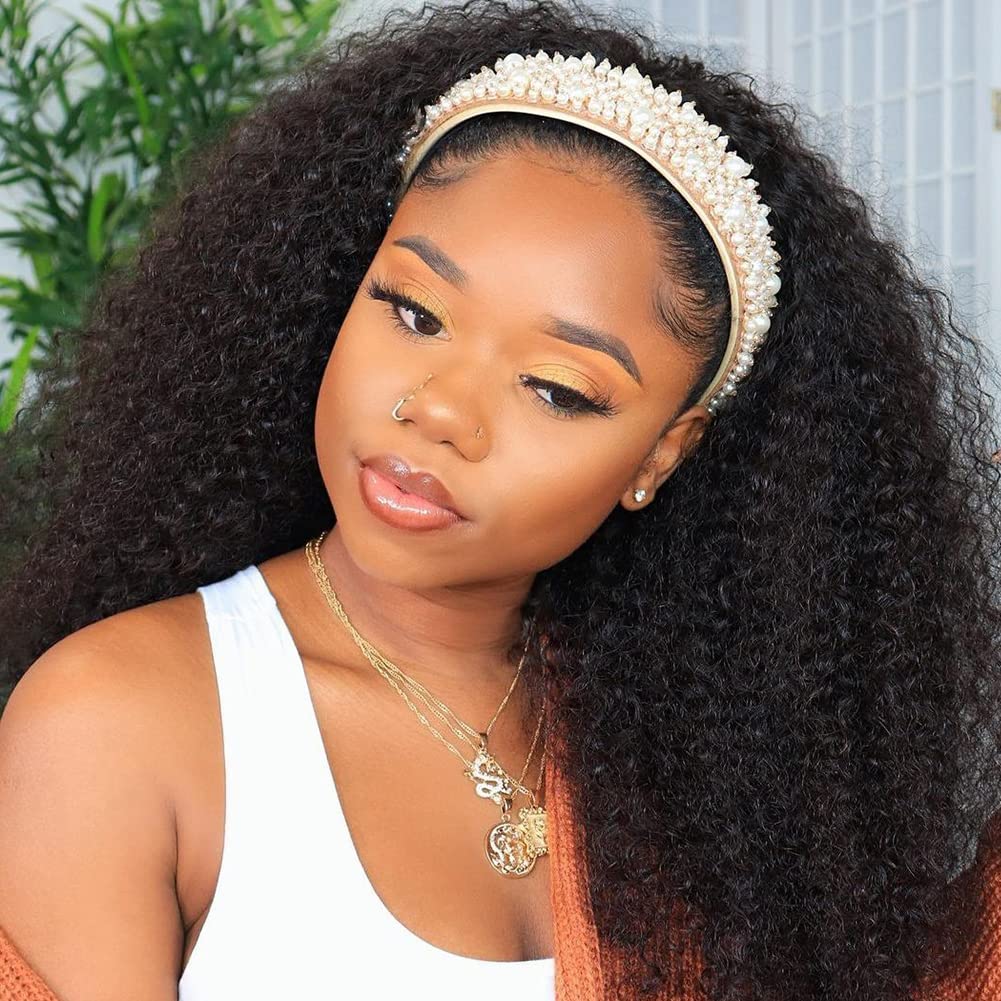 10A 180% Density Kinky Curly Human Hair Headband Wigs for Black Women - Glueless No Lace Front Natural Color 24 Inch - Perfect for Daily Wear, Parties & Protective Styling