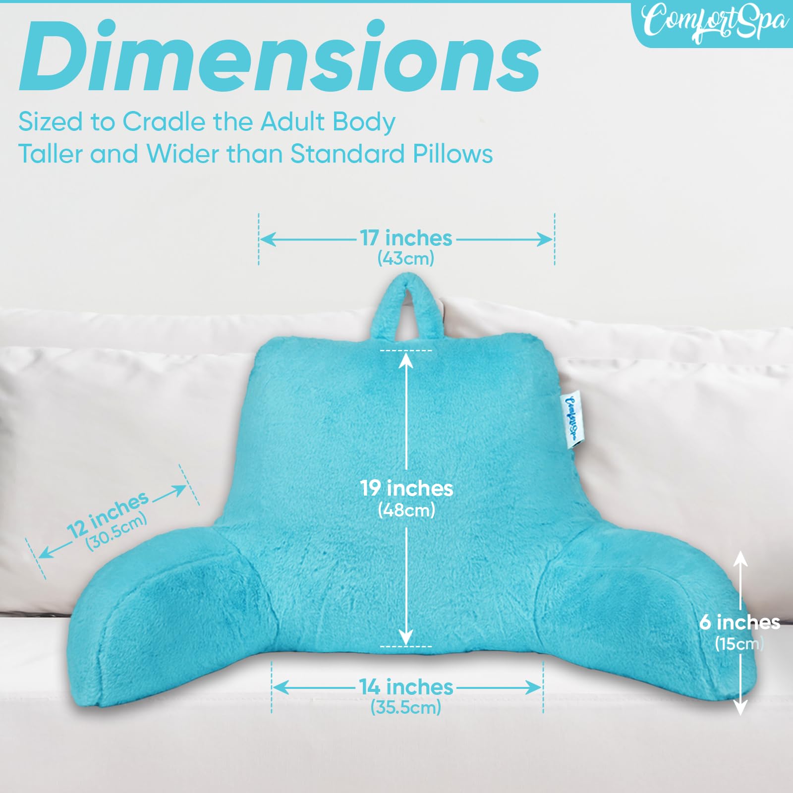 ComfortSpa Extra Large Reading Pillow for Adults - Back Support Pillow with Arms, Pockets & Washable Faux Fur Cover - Perfect for Sitting Up in Bed Watching TV, Gaming, Reading or Studying (XL, Blue)
