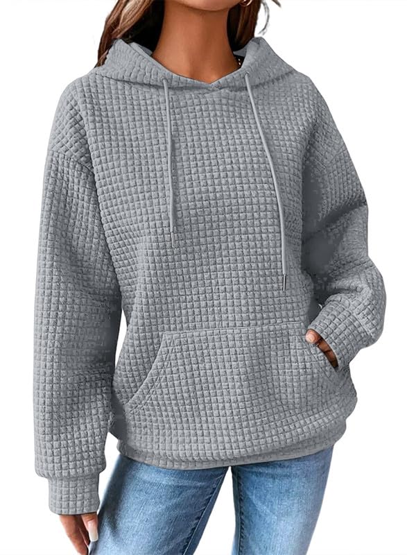 SHEWIN Women's Casual Long Sleeve Hooded Sweatshirt - Loose Fit Waffle Pullover with Drawstring & Pocket | Perfect for Everyday Wear, Lounge, and Outdoor Activities