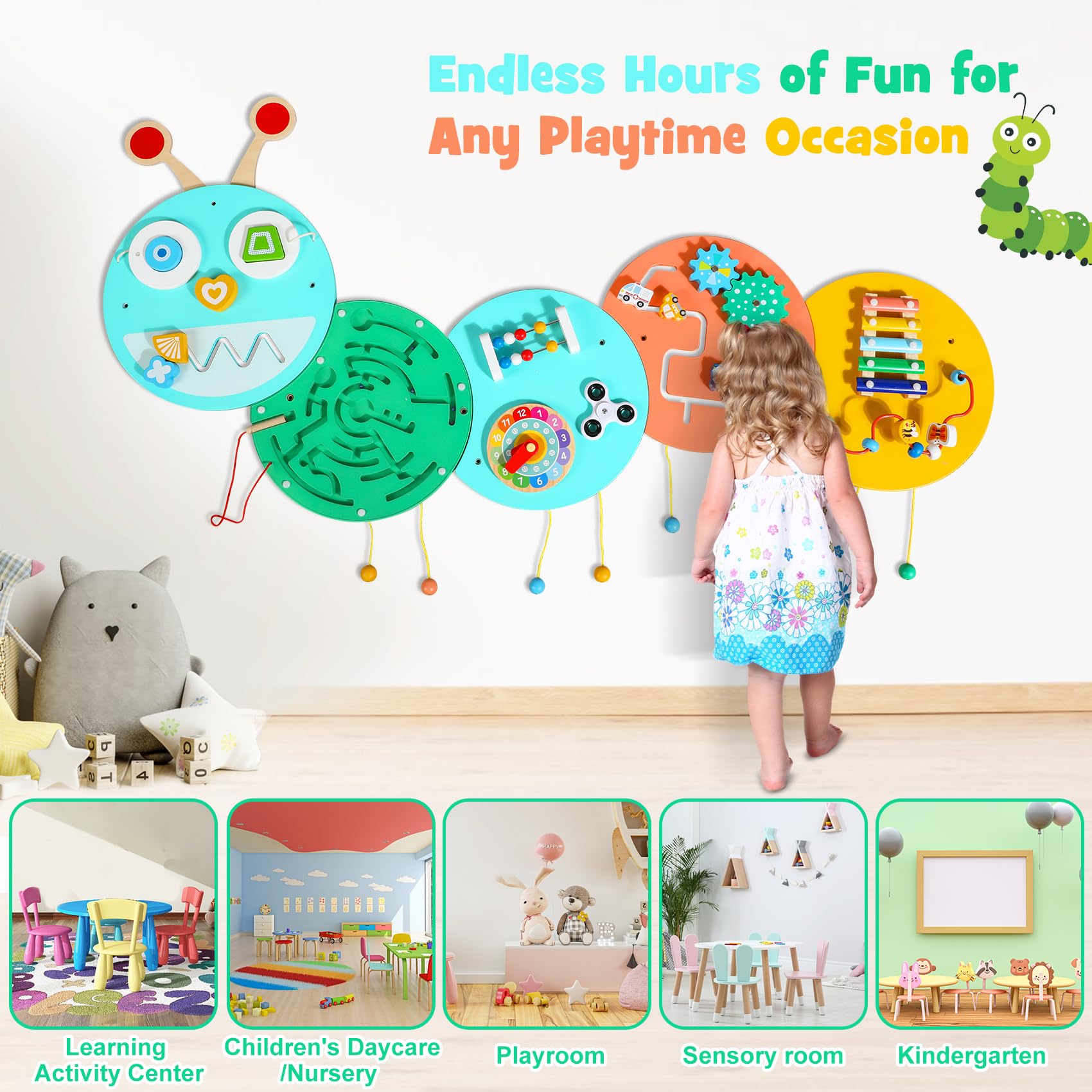 Montessori Sensory Busy Board for Toddlers - Wall Activity Panel with Caterpillar Design, Learning Toys for Daycare & Playroom - Perfect for Early Childhood Development & Sensory Play