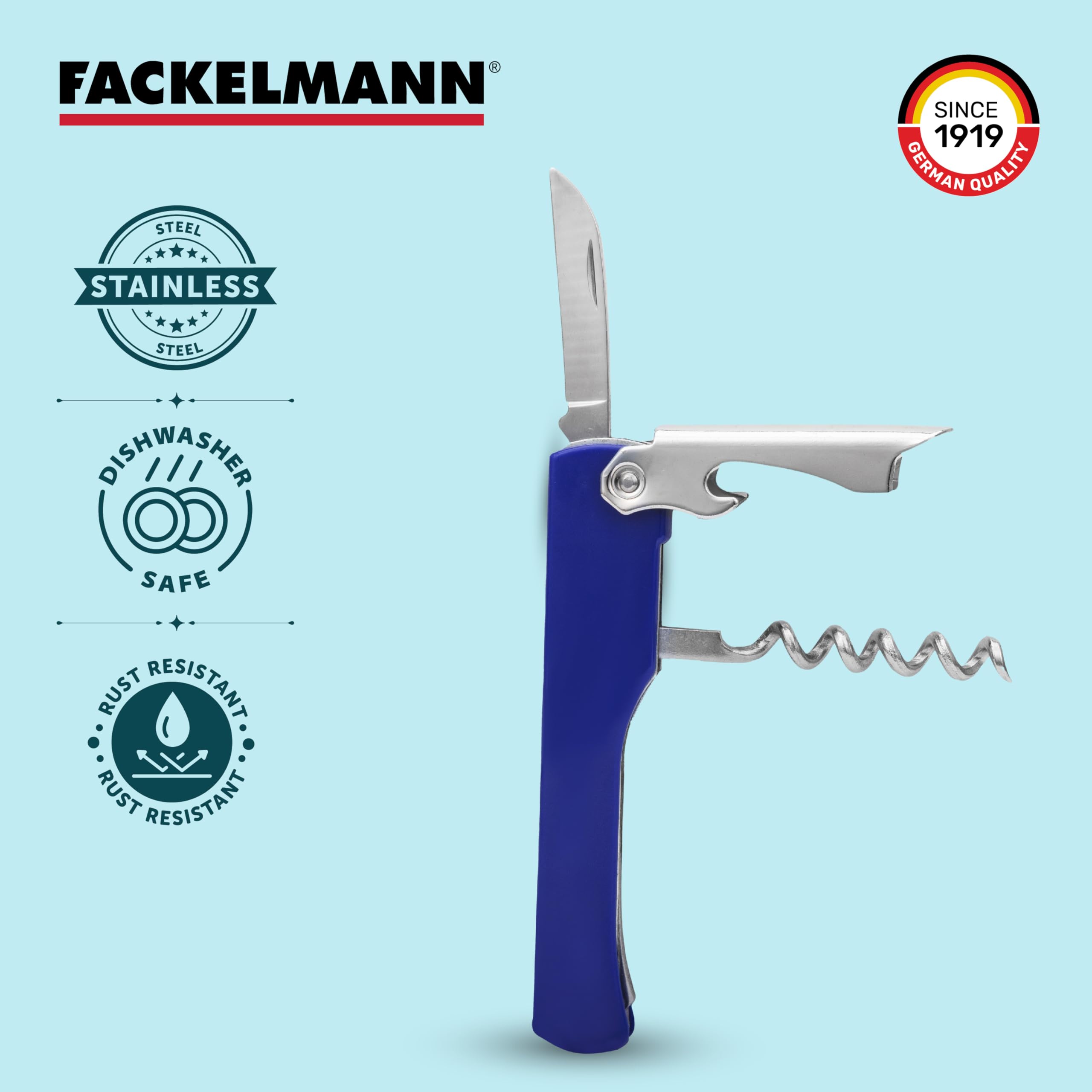 Fackelmann Professional Sommelier Corkscrew with Foil Cutter & Bottle Opener - Stainless Steel Wine Opener for Restaurants, Bars & Home Use