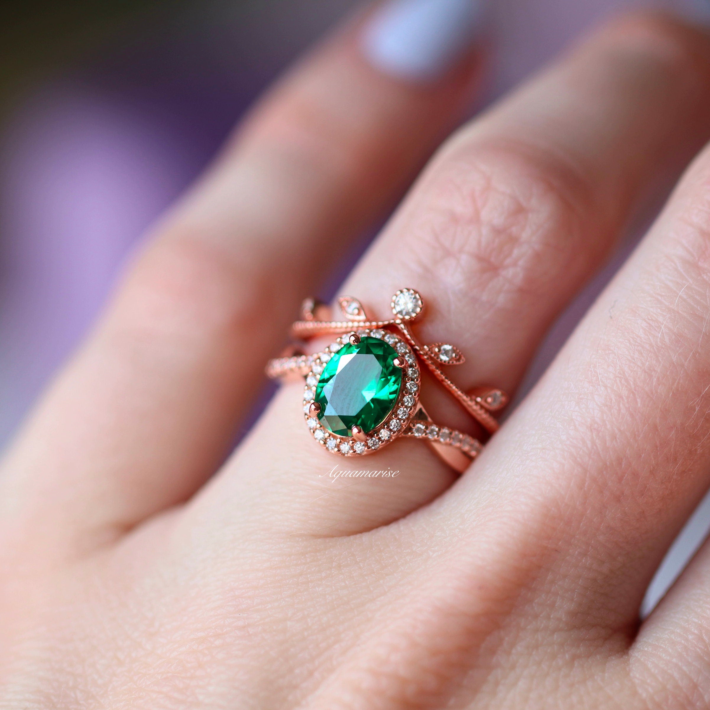 14K Rose Gold Vermeil Gemma Emerald Ring Set - Elegant Jewelry for Women, Perfect for Weddings, Anniversaries & Special Occasions