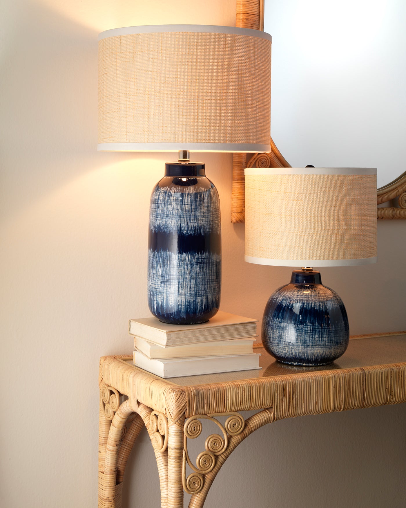 Handmade Batik Table Lamp - Blue & Cream Large Size for Living Room, Bedroom, or Office Decor