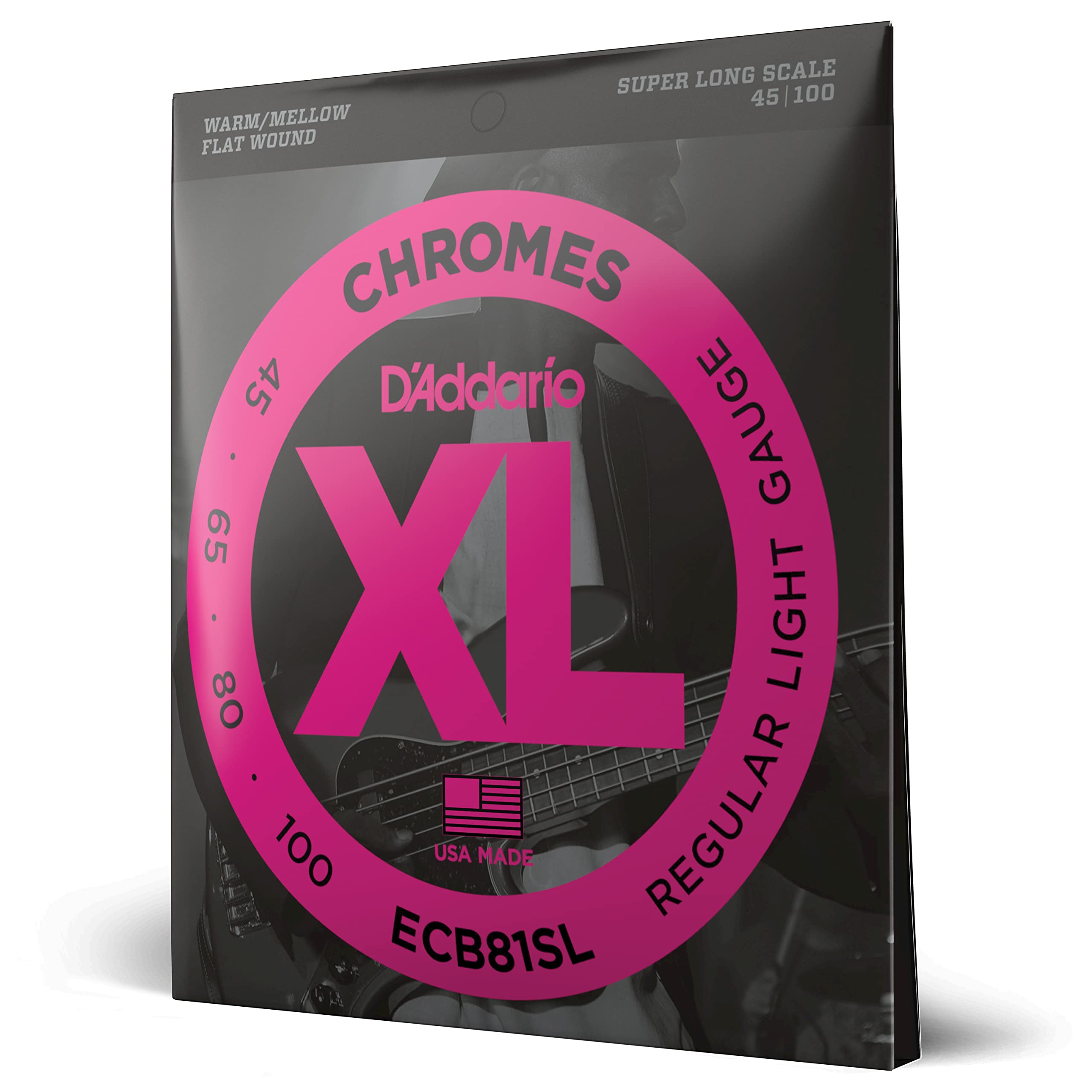 D'Addario XL Chromes Flat Wound Bass Guitar Strings - ECB81SL - Super Long Scale - Regular Light Gauge (45-100) - Perfect for Jazz, Blues & Studio Recording