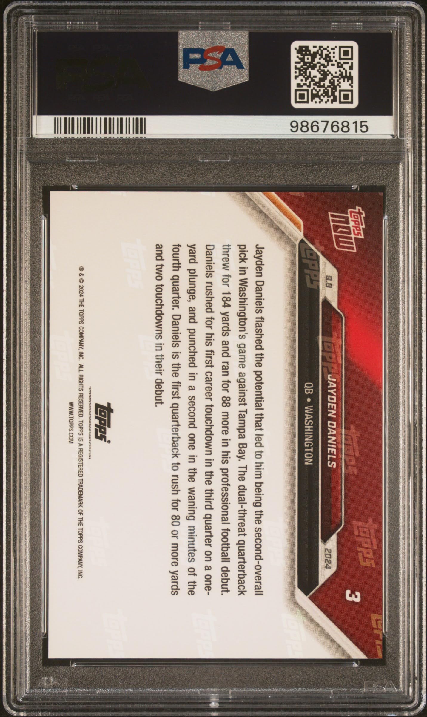 Jayden Daniels 2024 Topps Now Rookie Card #3 PSA 10 Gem Mint - Limited Edition Football Trading Card for Collectors & Investors - Perfect for Sports Memorabilia Displays, Fan Collections, and Investment Portfolios