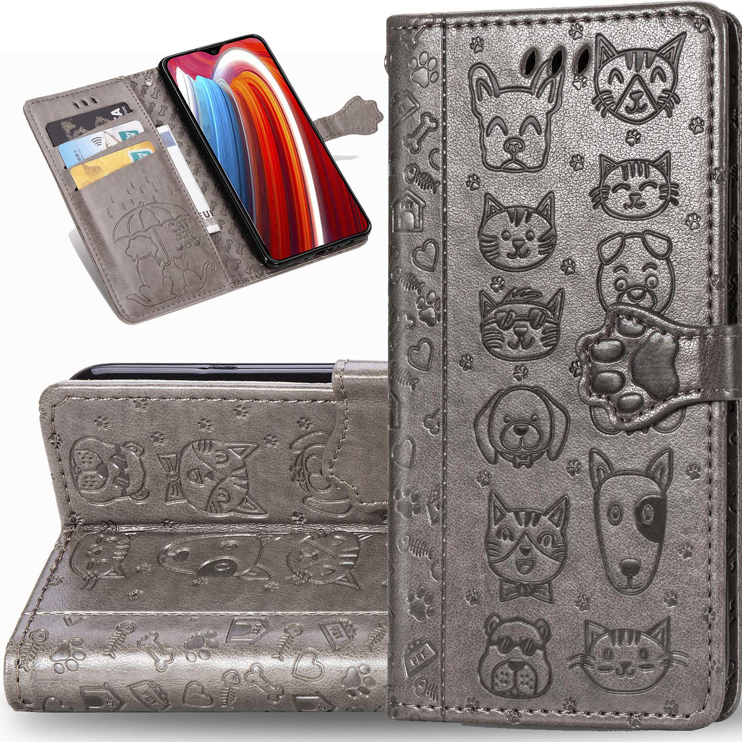 Samsung Galaxy A21 Wallet Case - Cute Cartoon Girl & Cat Dog Design, Magnetic Flip Cover with Card Slots & Stand, Shockproof Protective Phone Case for Samsung Galaxy A21 (Gray) - Perfect for Daily Use, Travel & Hands-Free Viewing