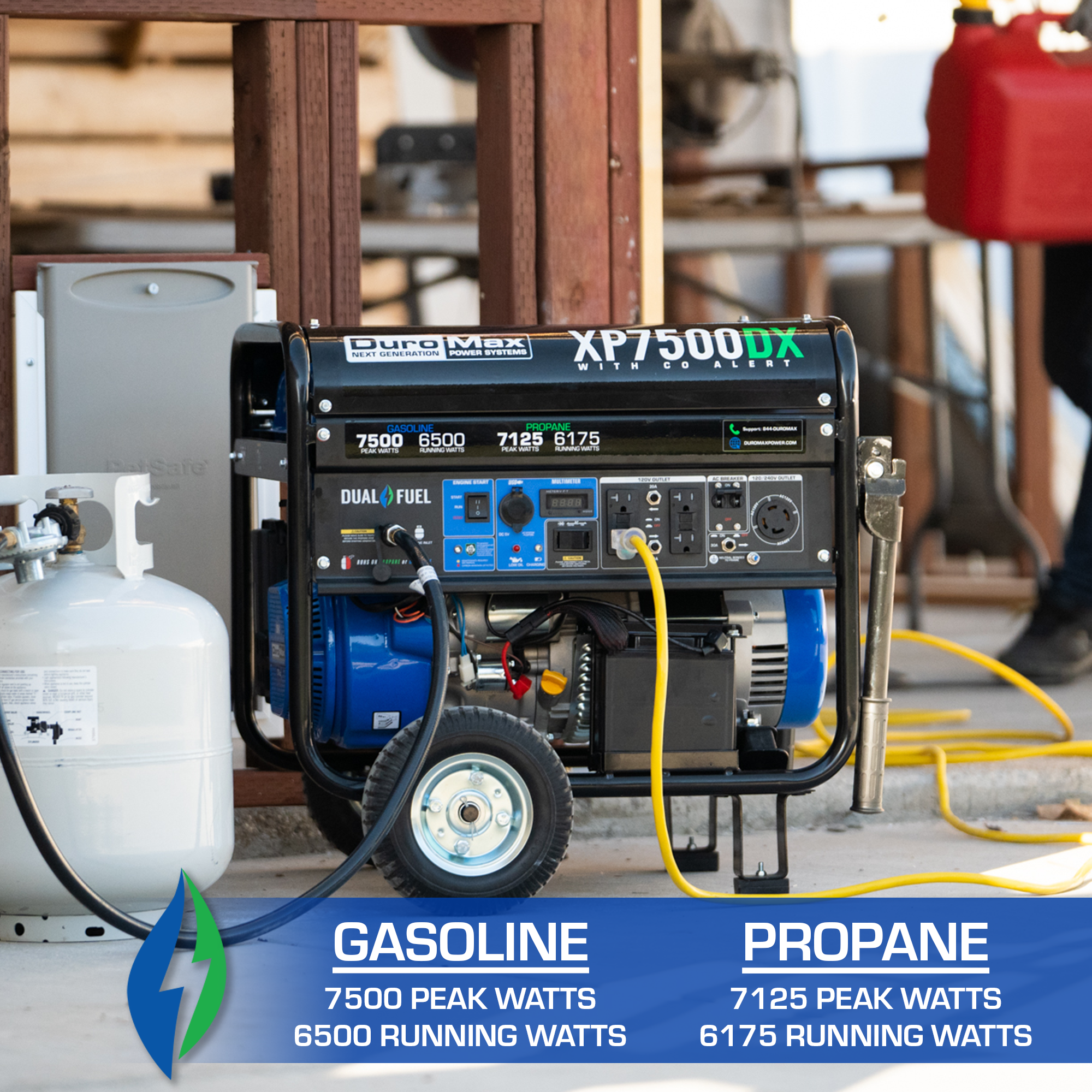 7,500 Watt Dual Fuel Portable Generator with CO Alert - Reliable Backup Power for Home, Camping & Outdoor Emergencies