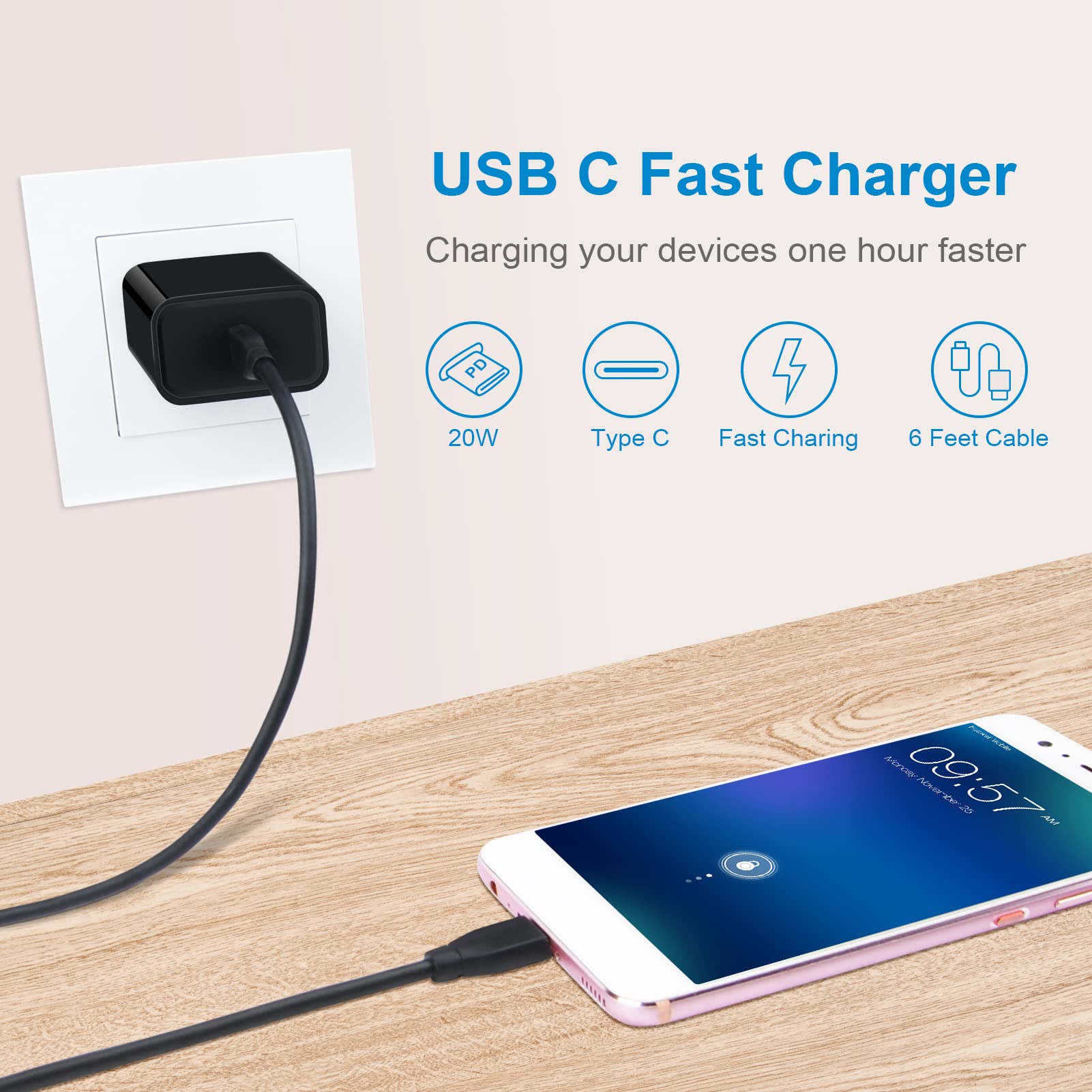 20W USB C Wall Charger with PD Fast Charging - Compatible with Samsung Galaxy S25/S24/S23/S22/S21/S20 FE/S10e/A16/A15 5G/A14/A21, Google Pixel 9 Pro/XL/8a/8 Pro/7a/6 Pro - Type C Power Adapter & USB C Cable - Perfect for Home, Office & Travel Charging Needs