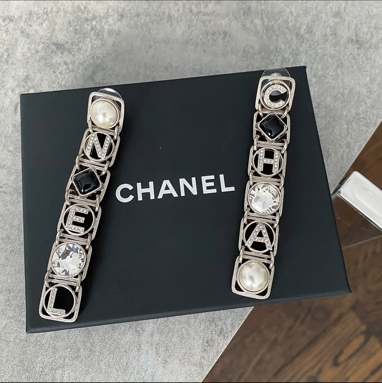 Chanel 20S Long Silver Crystal Logo Link Earrings - Luxury Fashion Jewelry for Women | Perfect for Parties, Weddings & Special Occasions