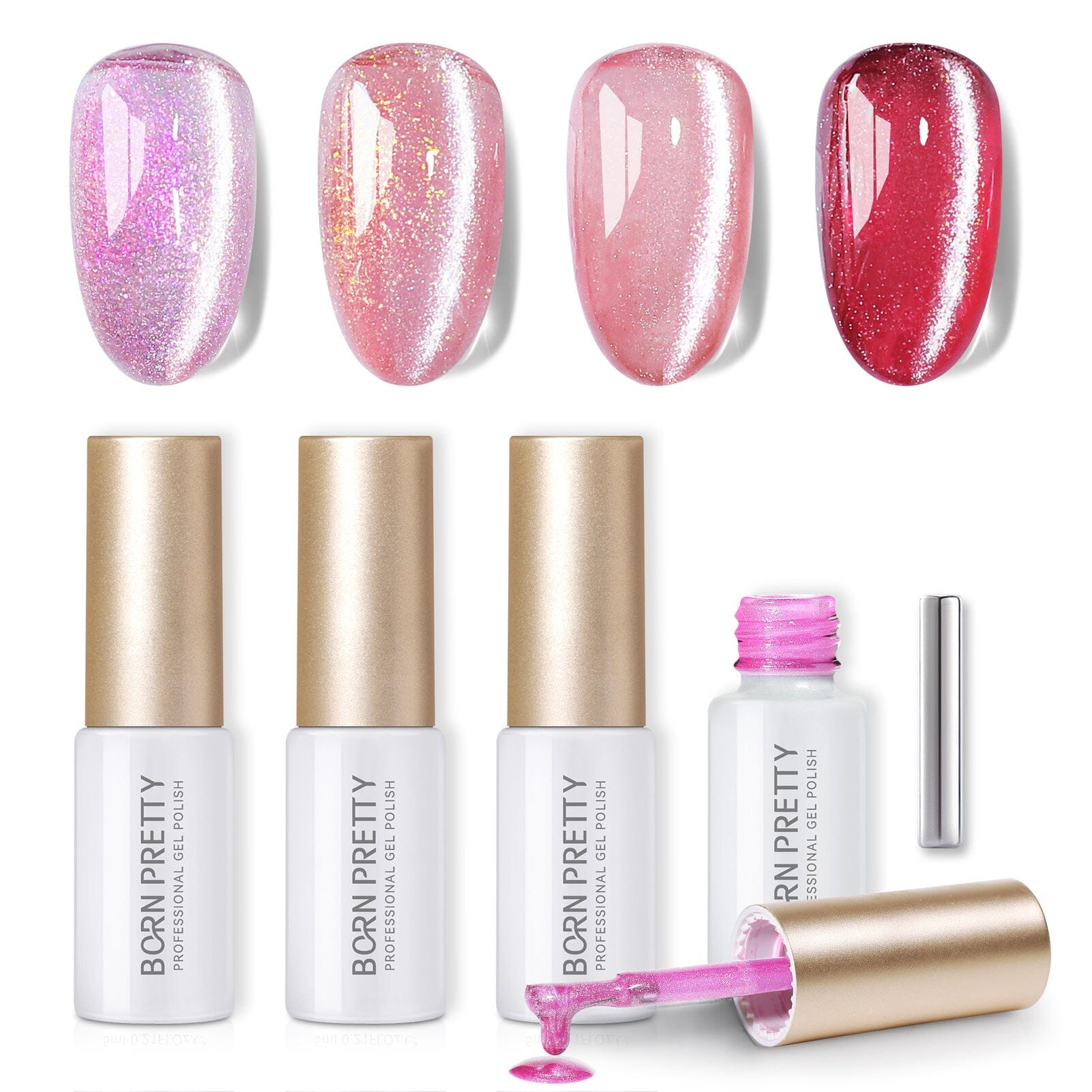 4 Colors Jelly Pink Aurora Cat Magnetic Gel Nail Polish Set - 5ml Bottles for DIY Nail Art at Home & Salon Use