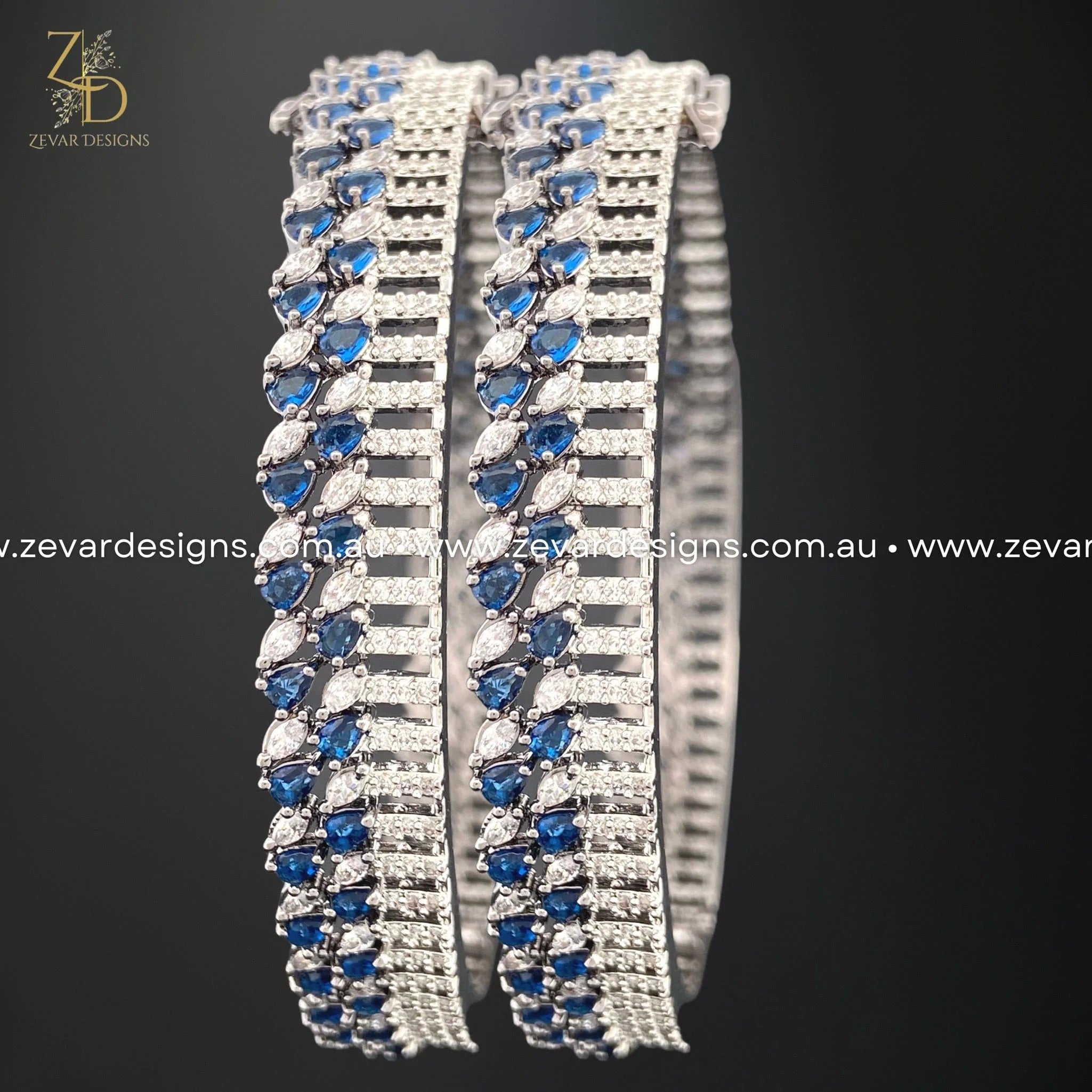 AD/Zircon Black Rhodium Bangles with Sapphire Blue Gemstones – Elegant Jewelry for Women, Perfect for Parties, Weddings & Special Occasions