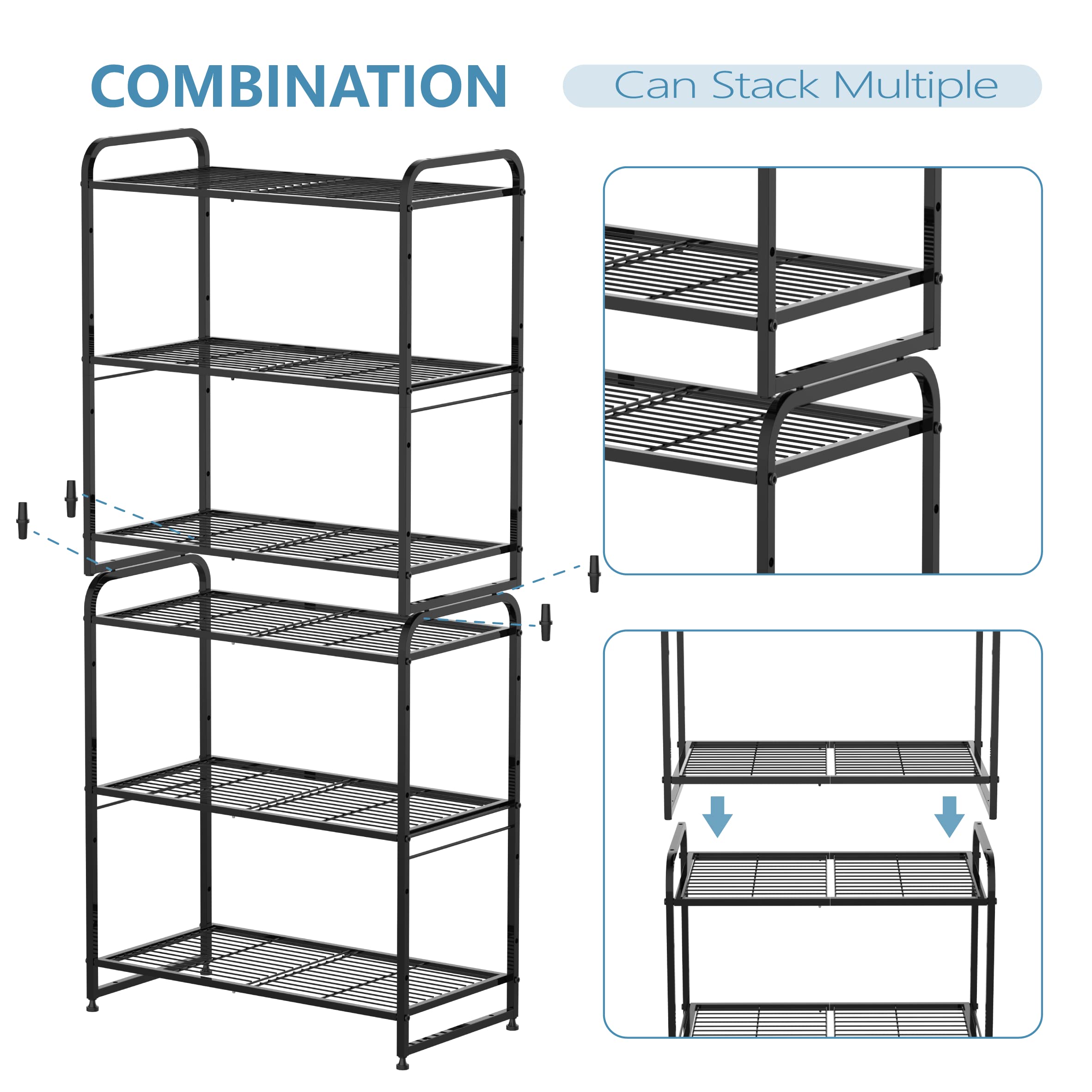 3-Tier Stackable Wire Shelving Unit - Adjustable Kitchen Storage Rack & Cabinet Organizer for Pantry, Bathroom, Garage | Black Metal Shelf for Home Organization