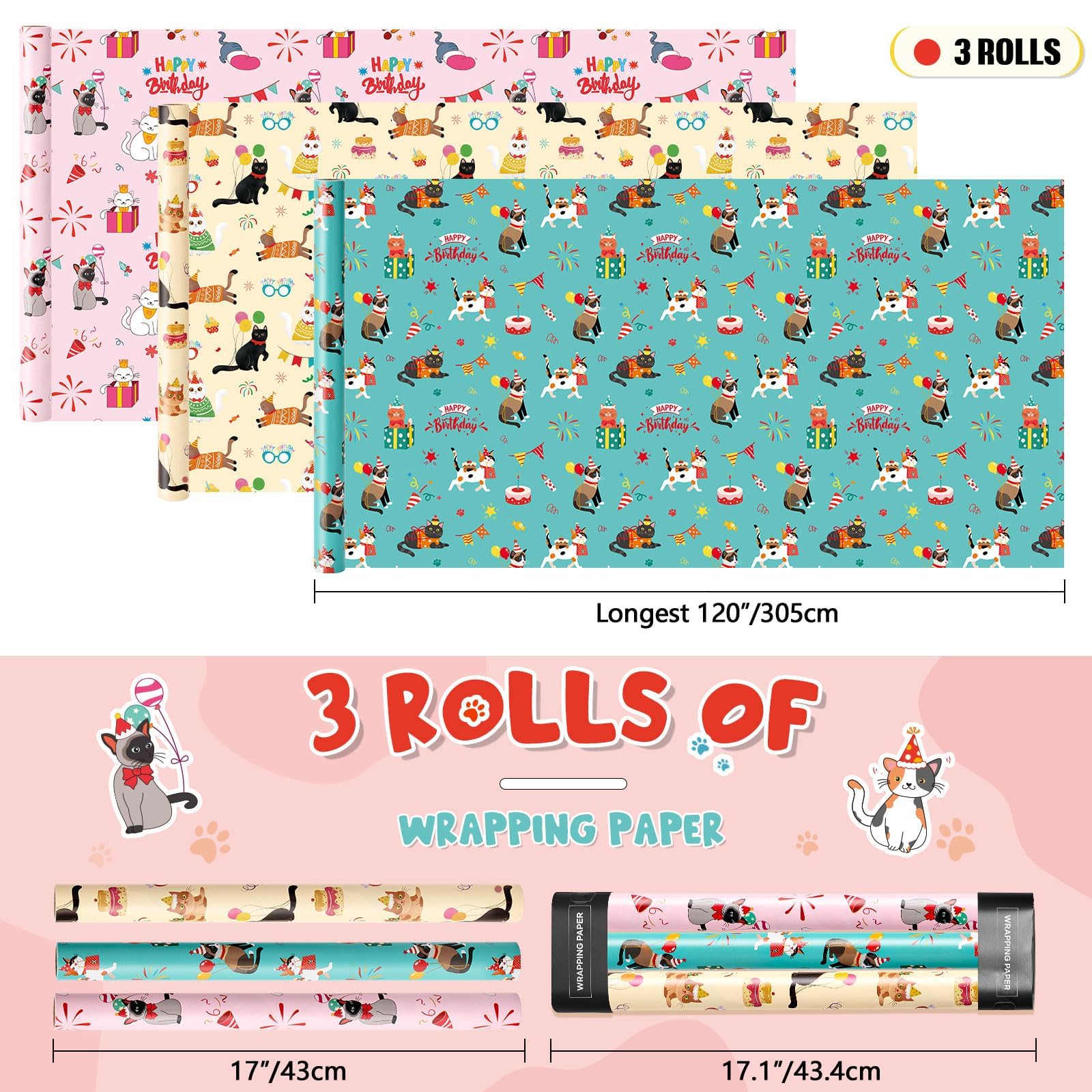 WERNNSAI Cat Wrapping Paper Rolls - 3 Rolls 17” x 120” Birthday Gift Wrap with Cutting Lines | Cute Kitten Themed Wrapping Paper for Girls, Birthday Presents & Party Decorations