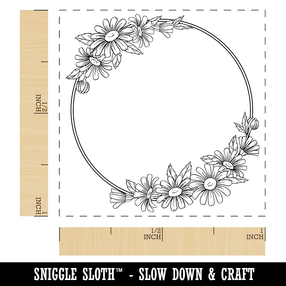 Decorative Summer Daisy Flower Wreath Self-Inking Rubber Stamp - 1 Inch Small Blue Ink Stamper for DIY Crafts, Scrapbooking & Card Making