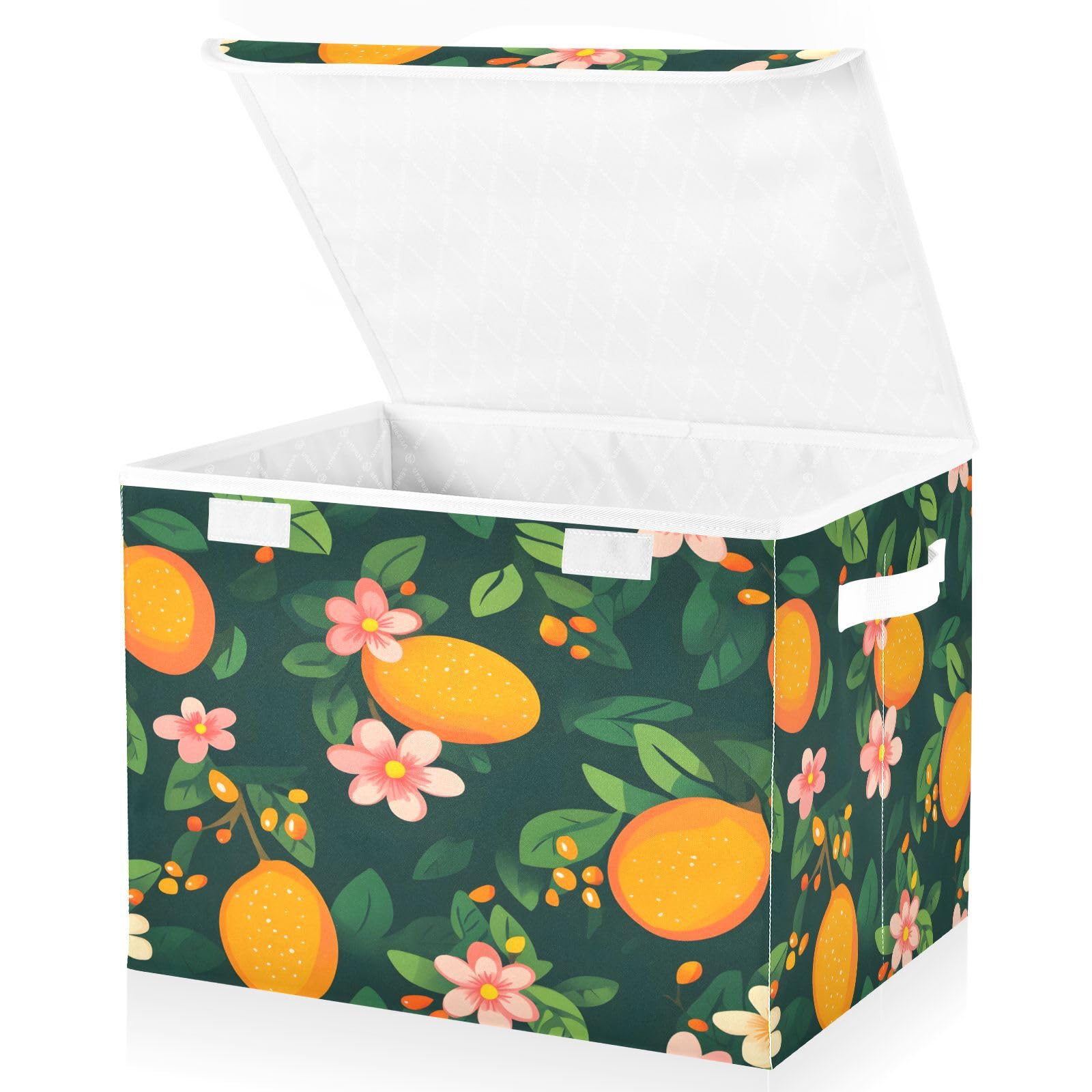 Mango Flower Leaf Pattern Foldable Fabric Storage Bins with Lids - Collapsible Organizer Box for Home, Bedroom, Closet & Office - Perfect for Clothes, Toys, Blankets & Seasonal Storage