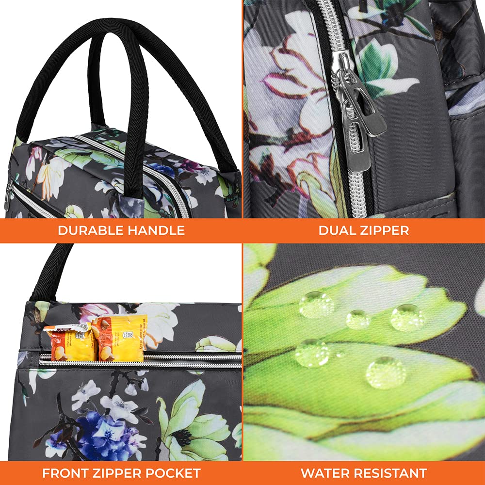 OPUX Insulated Lunch Bag for Women & Girls - Reusable Cooler Tote for Work, School, Travel & Picnic - Small Food Container Holds 11 Cans - Floral Gray Lunch Box | Perfect for Office Meals, Student Lunches & Outdoor Adventures