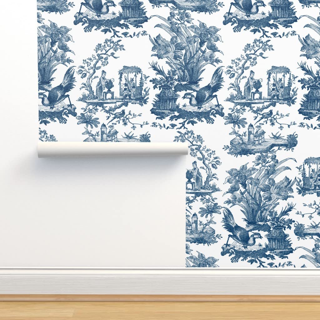 Peel & Stick Wallpaper Swatch - Chinoiserie Toile Angel Blue White Antique Chinese Design | Removable Self-Adhesive Wallpaper for Bedroom, Living Room & Nursery Decor | Custom Home Decor by Spoonflower