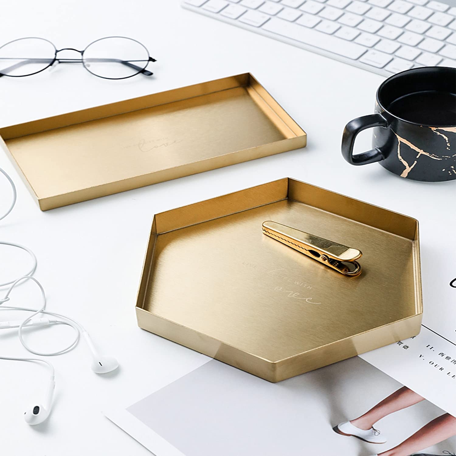 Gold Stainless Steel Rectangular Serving Tray - Decorative Vanity Organizer for Jewelry, Cosmetics & Tableware | Bathroom Countertop, Kitchen & Home Decor Storage Solution
