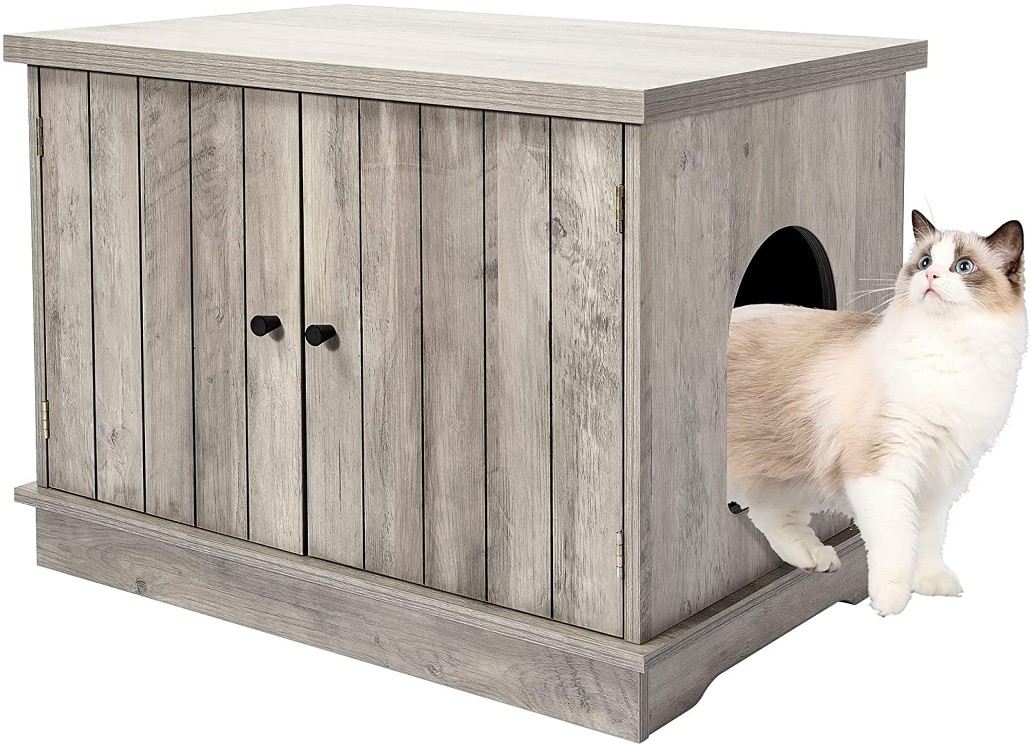 Amyove Wooden Cat Litter Box Enclosure - Large Cat Washroom Cabinet with Divider, Modern Cat House Furniture & End Table for Living Room or Bedroom | Indoor Pet House for Cats | Perfect for Small Spaces & Home Decor