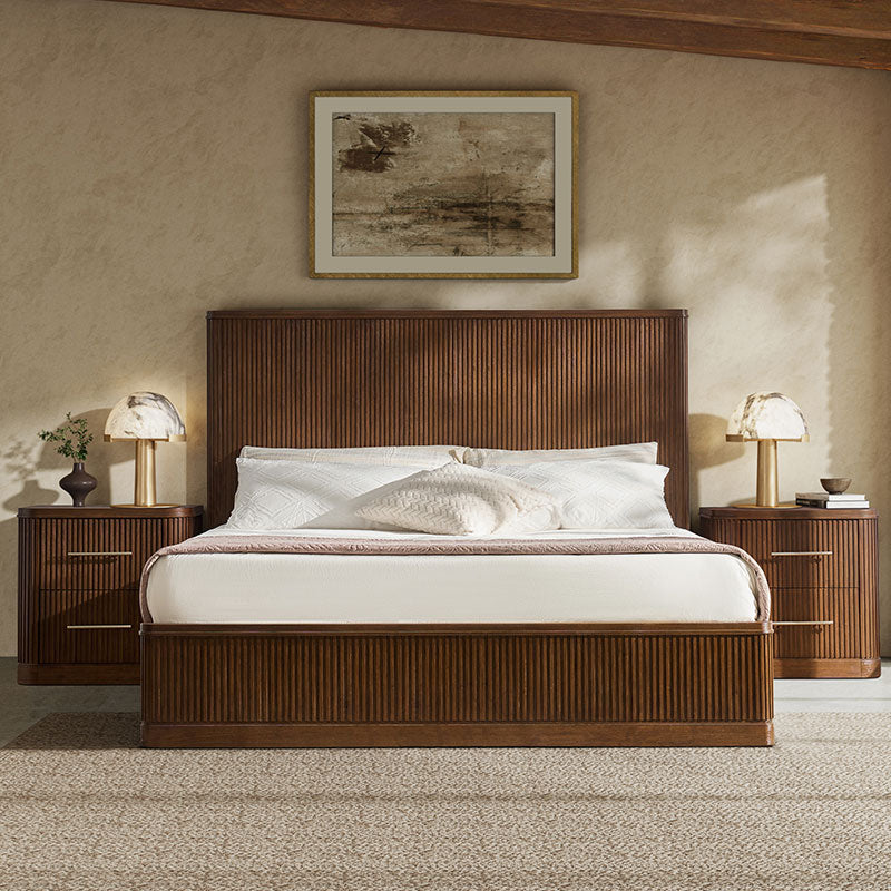 Modern Fluted Solid Wood Bedroom Set with Oak Texture - 3 Piece Queen Size Bed, Nightstand & Dresser | Elegant Bedroom Furniture for Master Suite, Guest Room & Apartment