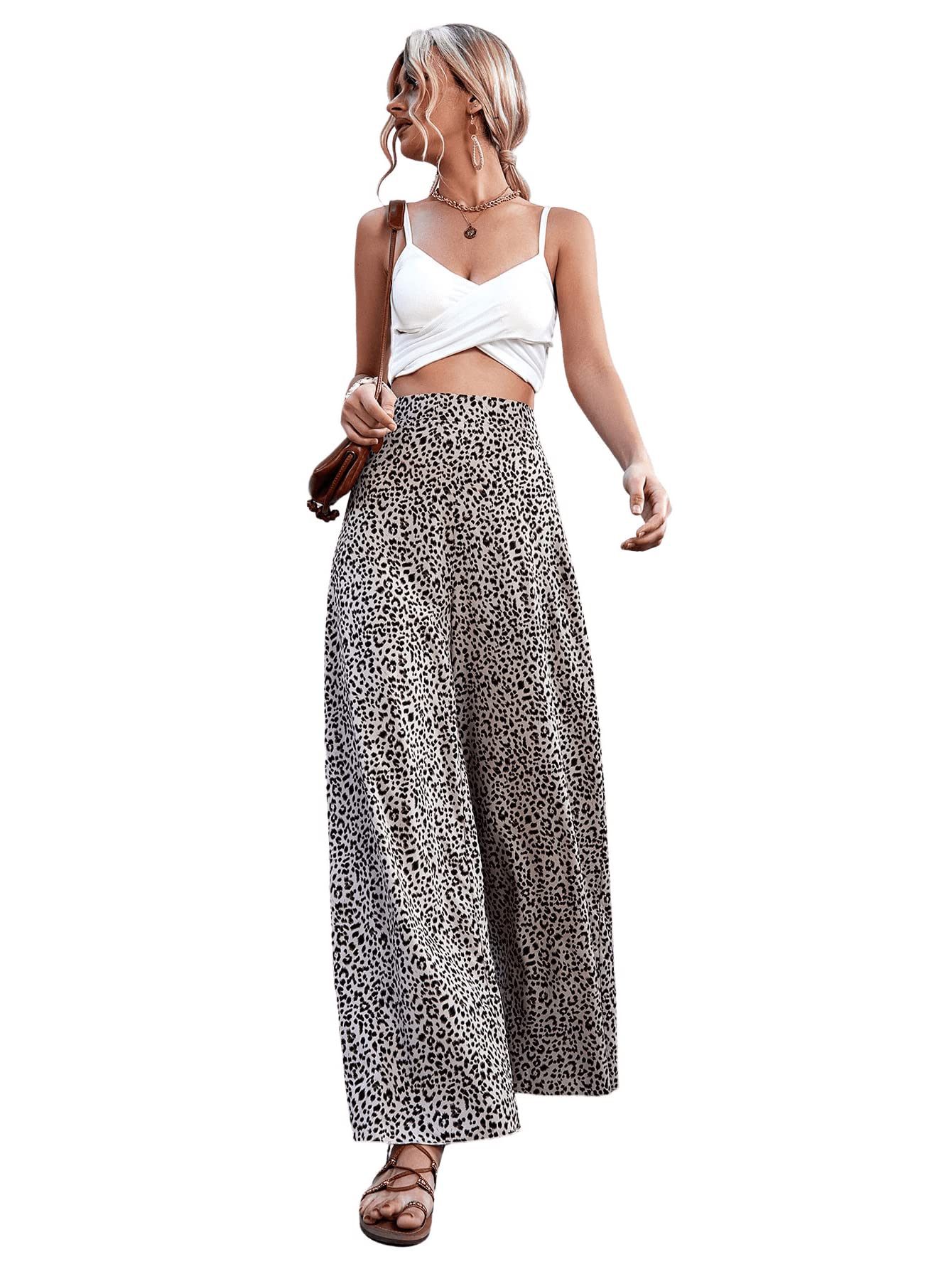 SheIn Women's Leopard Print High Waisted Palazzo Pants - Wide Leg Loose Trousers for Casual & Office Wear - Trendy Animal Print Fashion Pants for Women