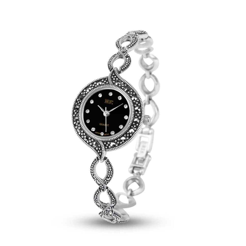 Vintage Thai Silver Watch with Marcasite Quartz Movement - Elegant Bracelet Wristwatch for Women | Perfect for Formal Events, Office Wear & Special Occasions