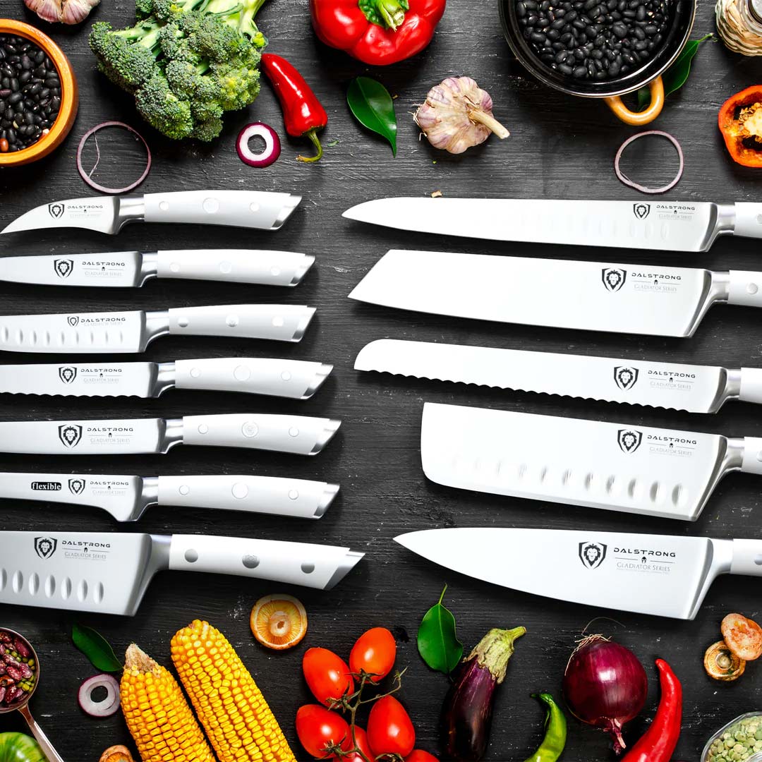 18-Piece Colossal Knife Set with Wooden Block - Gladiator Series with White Handles - NSF Certified Professional Kitchen Knives by Dalstrong - Perfect for Home Chefs & Culinary Enthusiasts