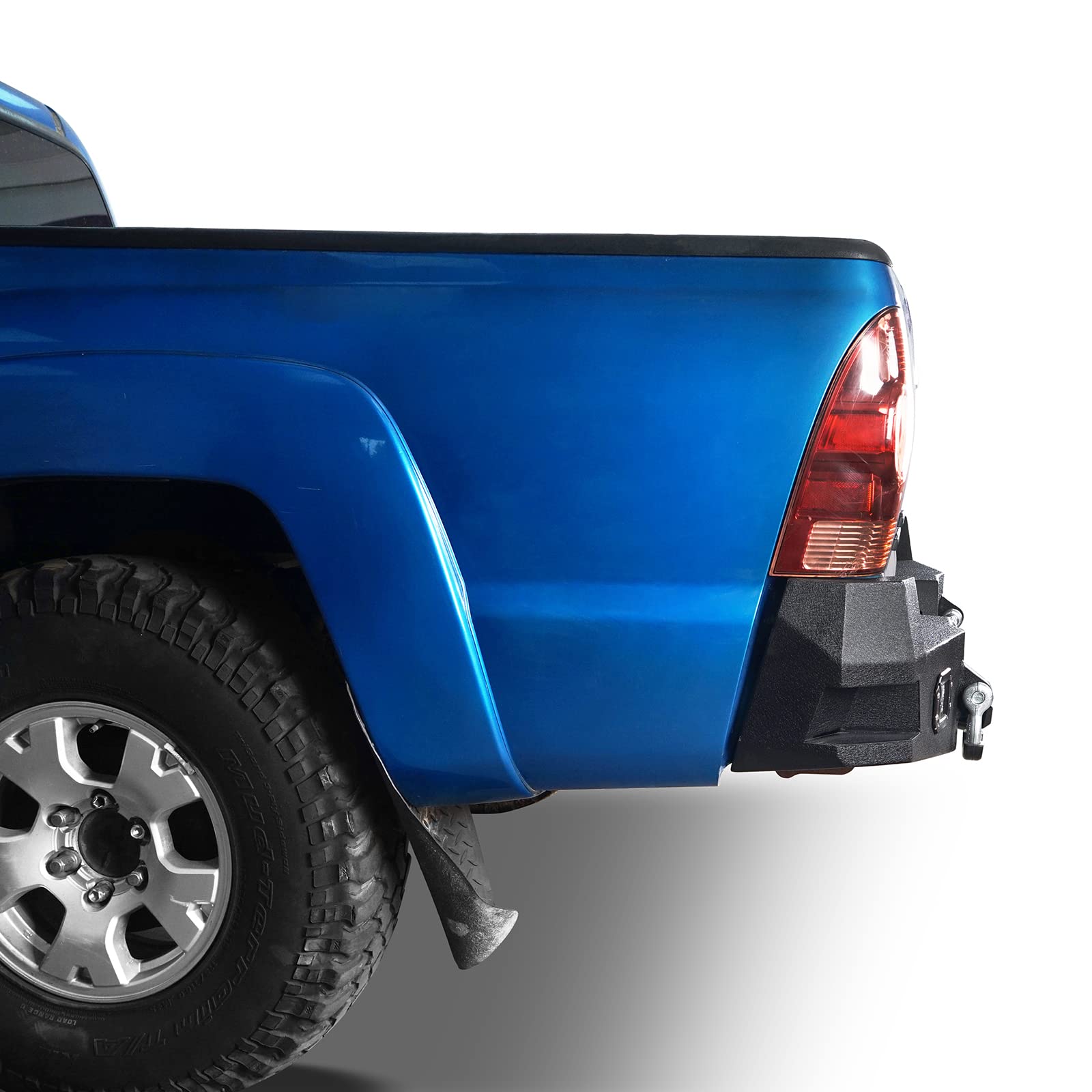 Heavy Duty Steel Rear Bumper with Step for 2005-2015 Toyota Tacoma 2nd Gen | Textured Surface | Integrated 18W LED Flood Lights & D-Ring Tow Points | Off-Road Protection & Truck Accessories (Perfect for Off-Roading, Camping & Work Trucks)