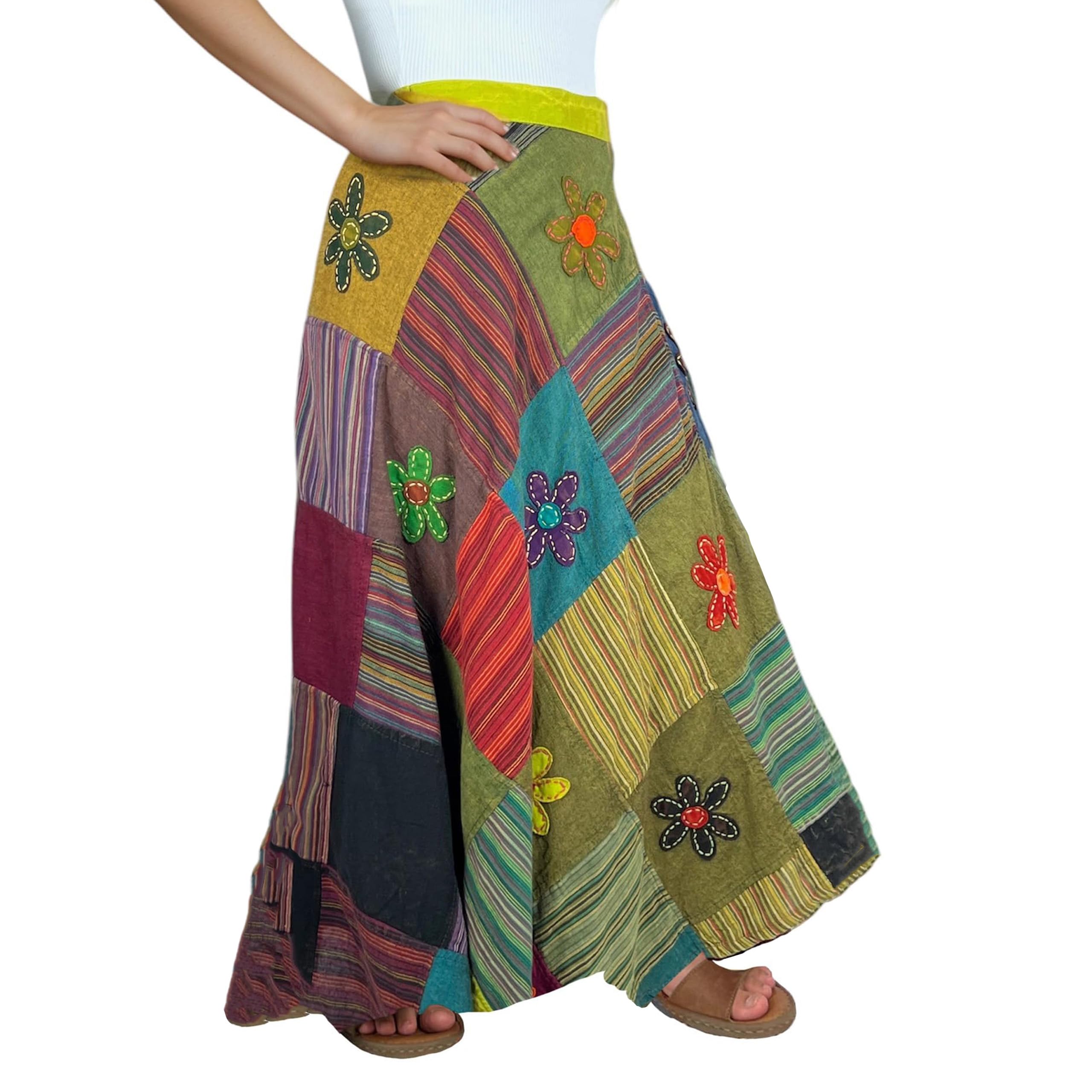2025 Women's Boho Maxi Skirt - High Waisted Long Bohemian Wrap Skirt with Patched Tie Up for Spring & Fall | Perfect for Beach Vacations, Music Festivals & Casual Outings