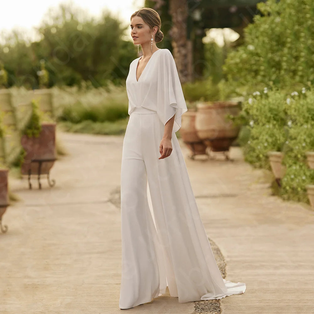 Elegant White Wedding Pantsuit for Women - V Neck 3/4 Sleeve Backless Jumpsuit | Perfect for Bridal Shower, Engagement Party & Formal Events