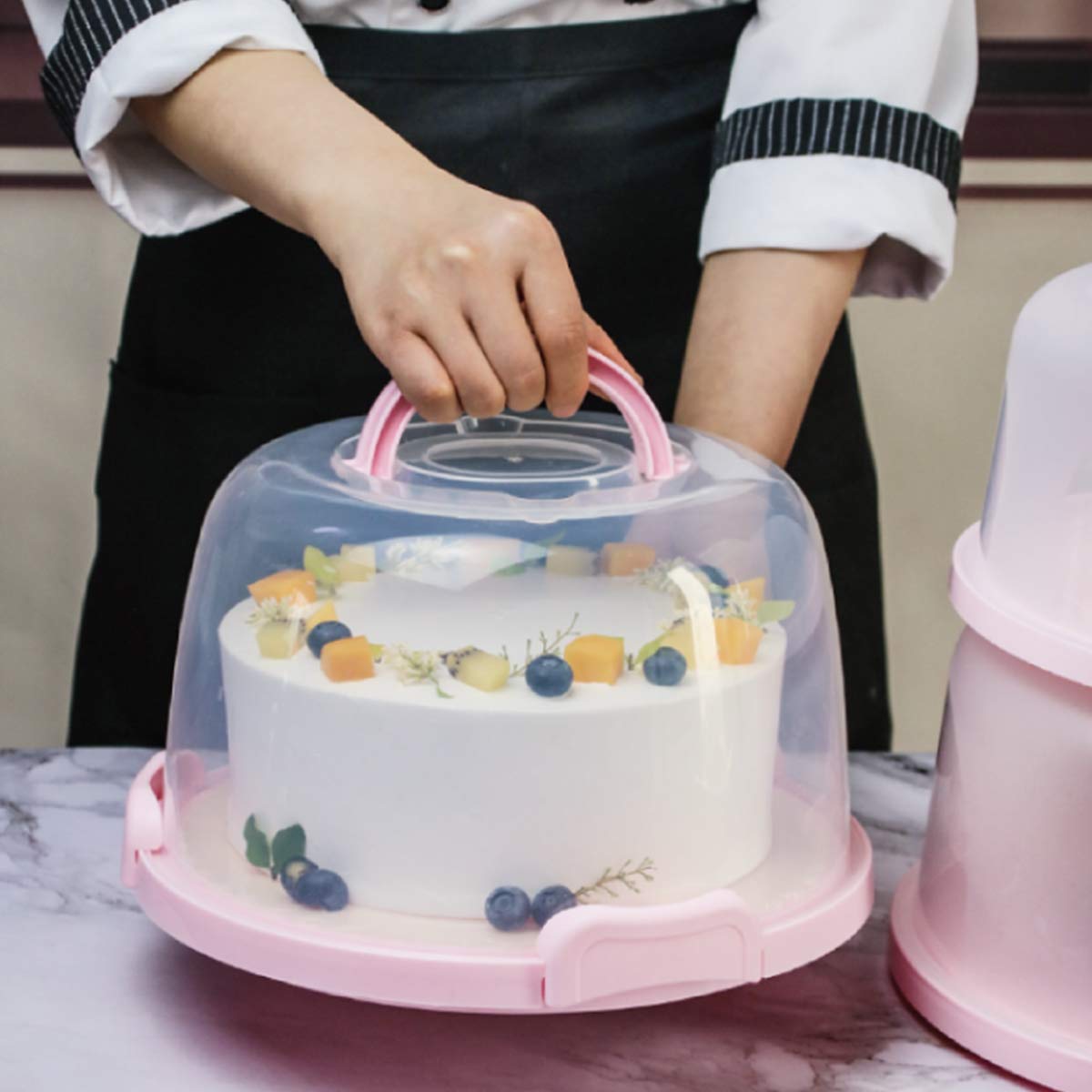 Pink 10-Inch Collapsible Handle Cake Carrier - Plastic Cupcake & Dessert Transport Container for Pies, Cookies, Cakes, Torte - Perfect for Birthday Parties, Bakery Delivery & Picnics