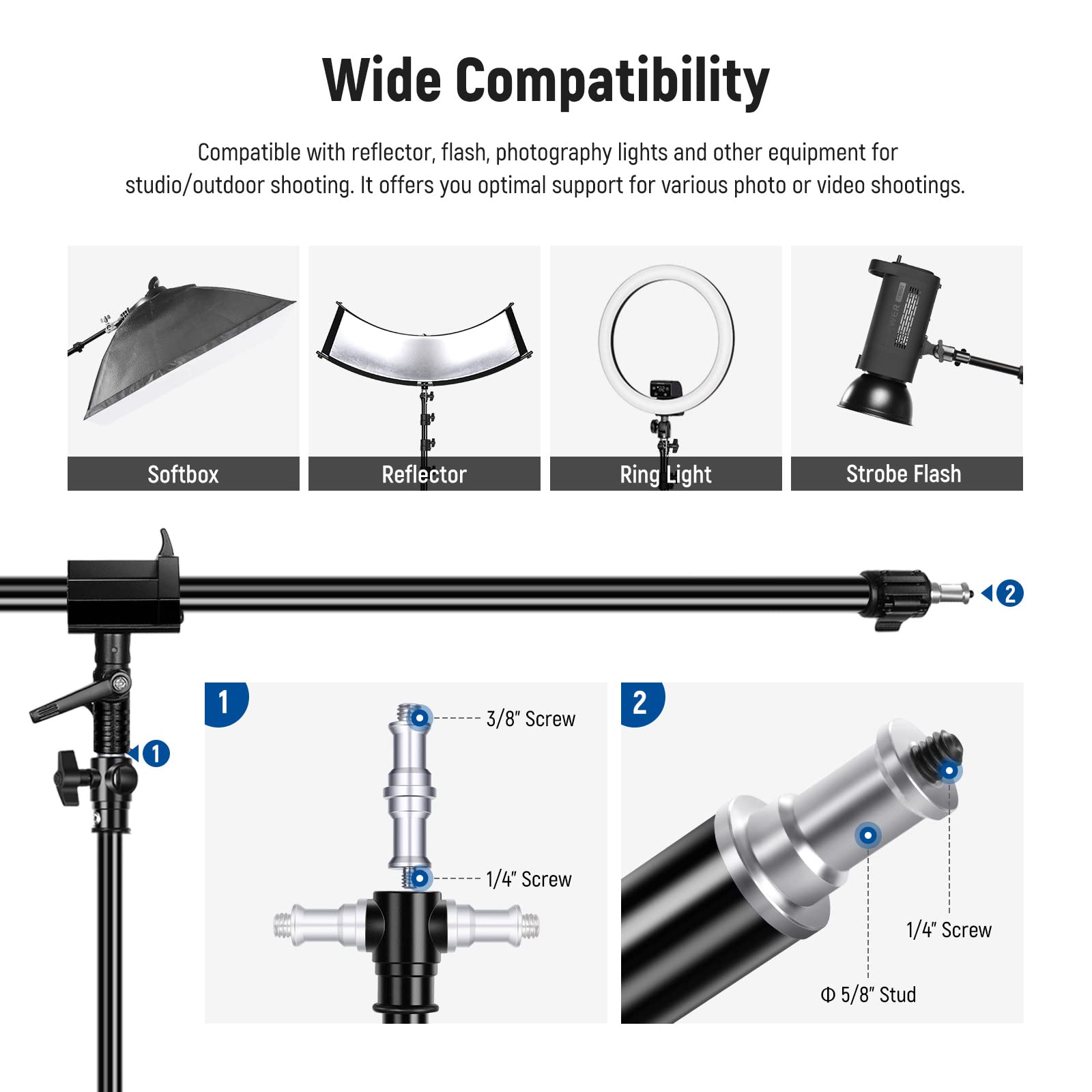 NEEWER 9.8ft/3m Air Cushioned Aluminum Light Stand with Boom Arm - Heavy Duty Adjustable Photography Stand for Studio Flash, Softbox, Umbrella & Ring Light - Includes Counterweight & Sandbag - Max Load 5kg (2 Pack) - Perfect for Professional Photography & Video Production