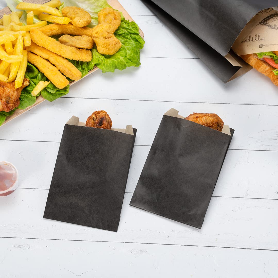 100-Pack Disposable Black Kraft Paper Snack Bags 4.3x1.5x6.3 Inch - Greaseproof Food Bags for French Fries, Popcorn, Cookies | Eco-Friendly Takeout Bags for Restaurants, Cafes & Movie Nights