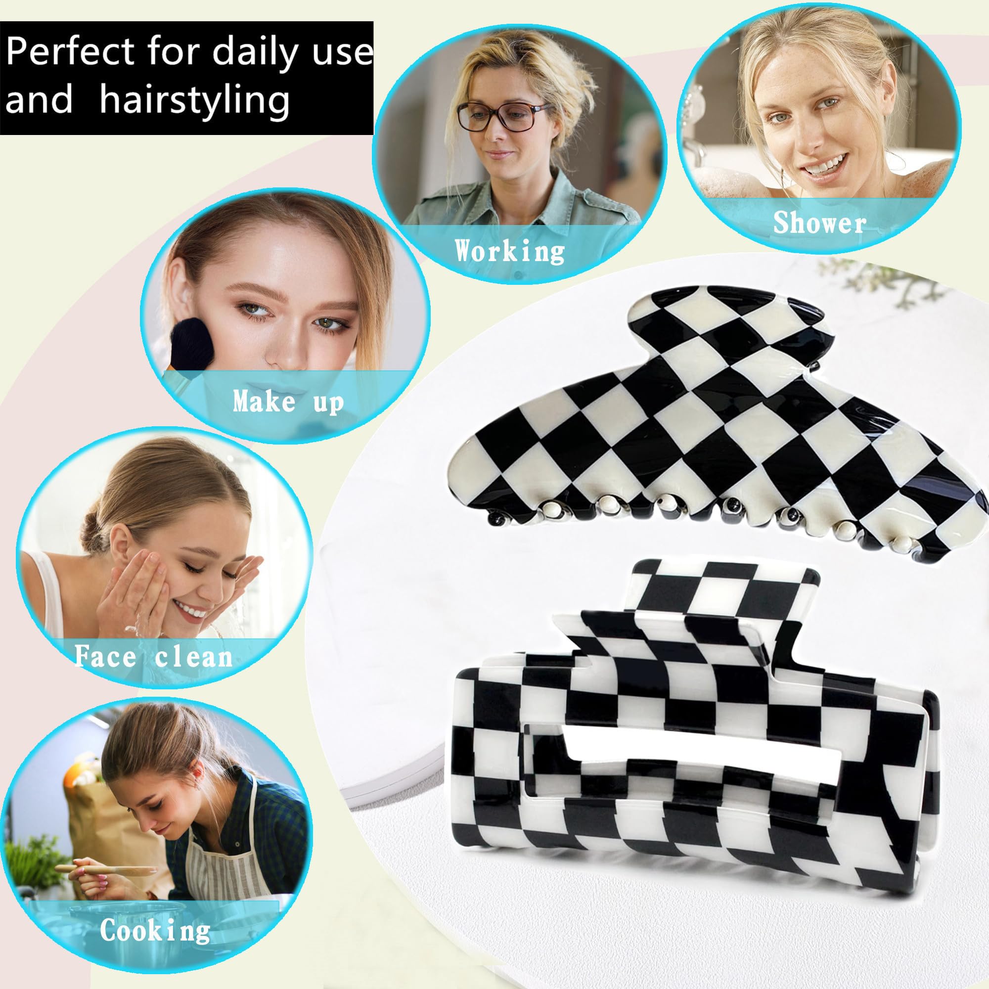 Women's Large Checkered Hair Clips - 2 Pack Black & White Claw Jaw Clips for Women & Girls - Perfect for School, Work, and Everyday Hairstyles
