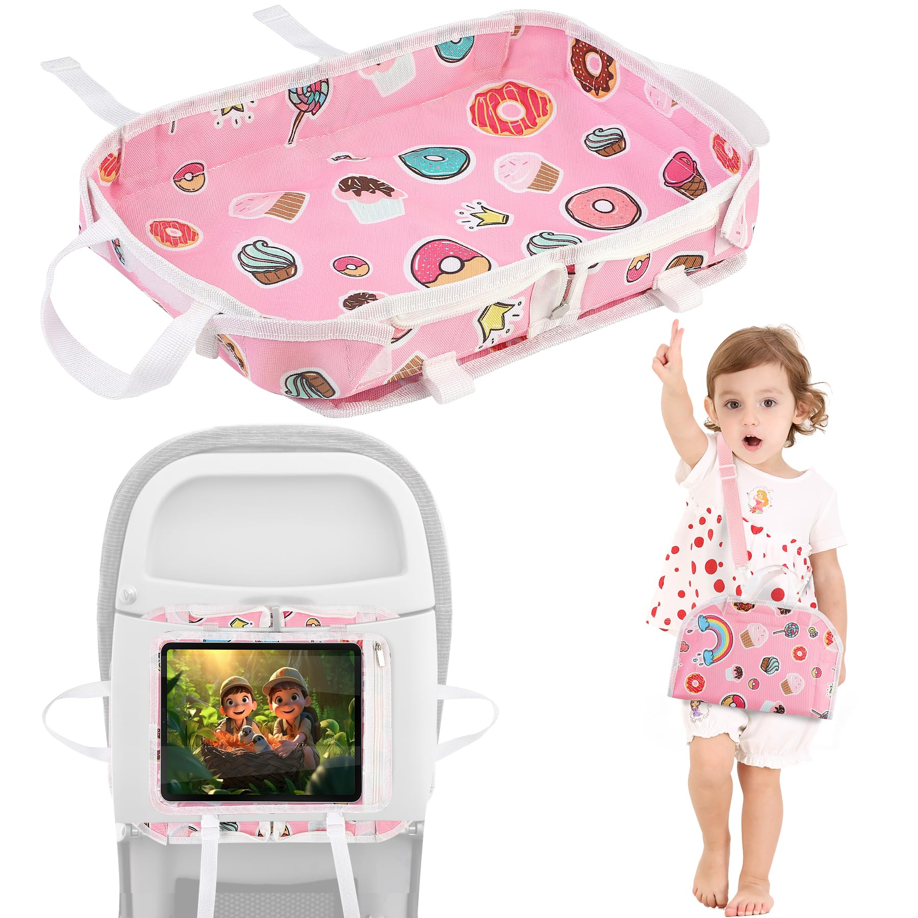 Foldable Kids Travel Tray with Storage Pockets - 2-in-1 Airplane & Car Seat Lap Tray with Crossbody Bag for Toddlers | Perfect for Snacks, Toys & Activities During Flights, Train Rides & Road Trips (Pink)