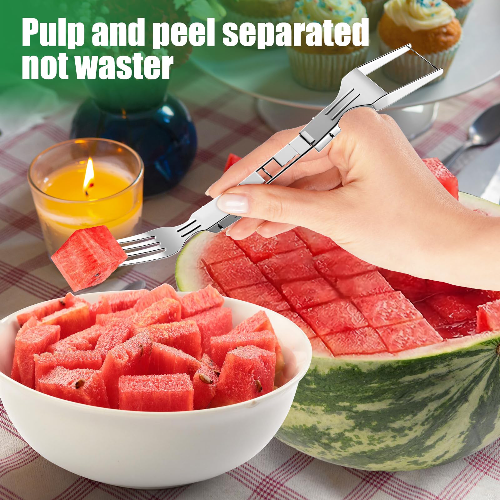 2-in-1 Stainless Steel Watermelon Cutter & Slicer - Portable Foldable Dual Head Fruit Fork & Knife for Kitchen, Picnics & Outdoor BBQ Parties