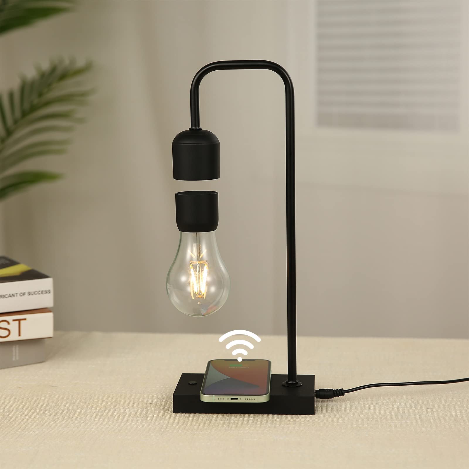 Magnetic Levitating Lamp with LED Light Bulb - Wireless Charger & Auto Control - Floating Desk Decor for Home Office, Bedroom, and Gift Ideas