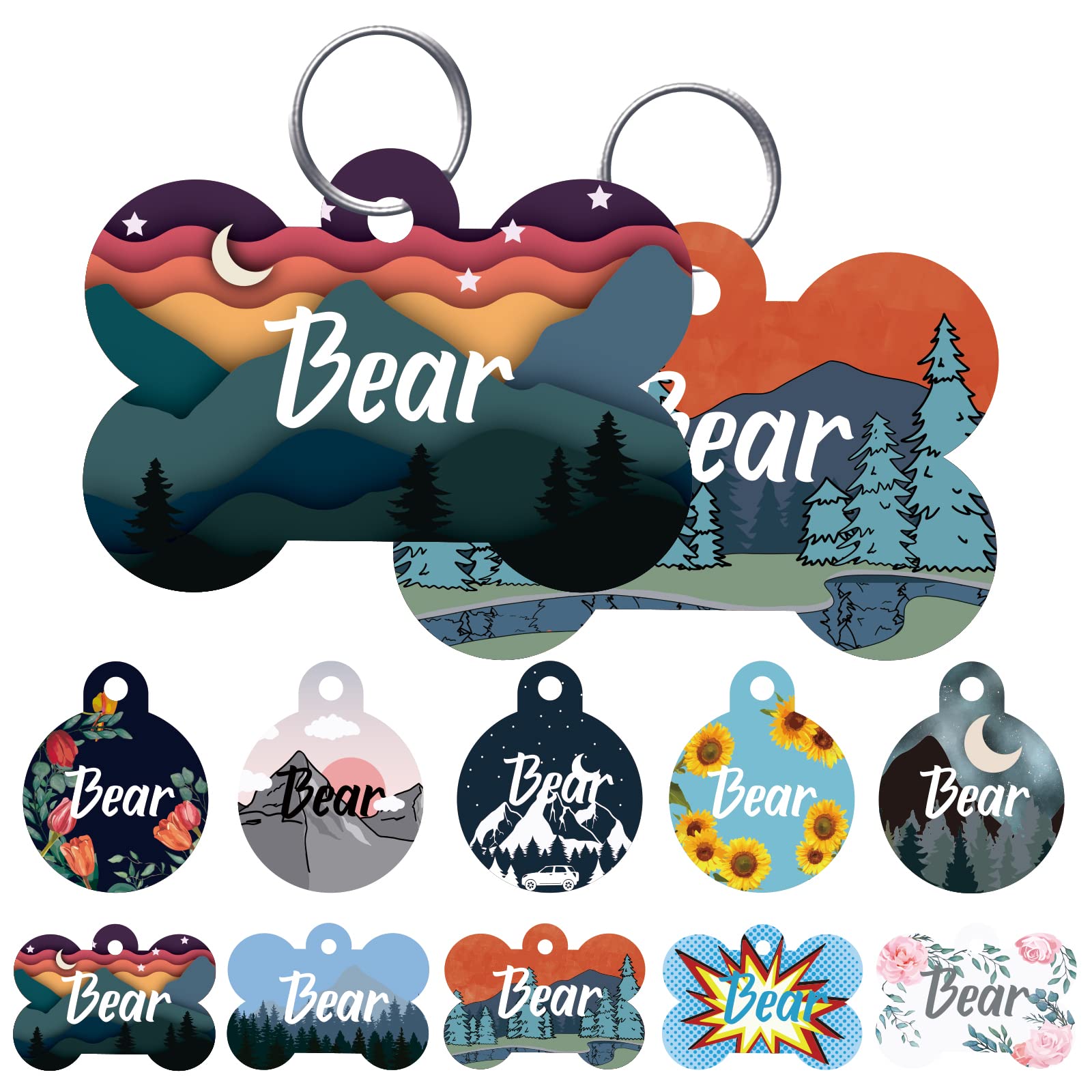 Custom Engraved Pet ID Tags - Mountain & Trees Pattern, Split Key Ring, Personalized Dog & Cat Tags with Front/Back Engraving (Bone Shape) | Perfect for Hiking, Camping & Outdoor Adventures