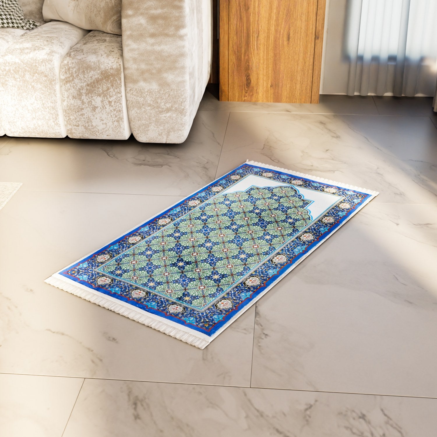 Premium Islamic Prayer Rug - Blue & Green Tile Design for Home, Mosque & Travel - Soft & Durable Muslim Prayer Mat for Daily Salah