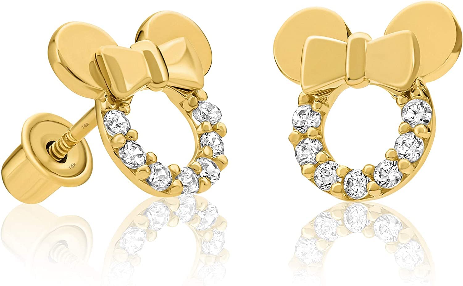 14K Yellow Gold Mouse Stud Earrings with Cubic Zirconia - Comfort Screw Backs - Perfect for Everyday Wear, Gifts & Special Occasions