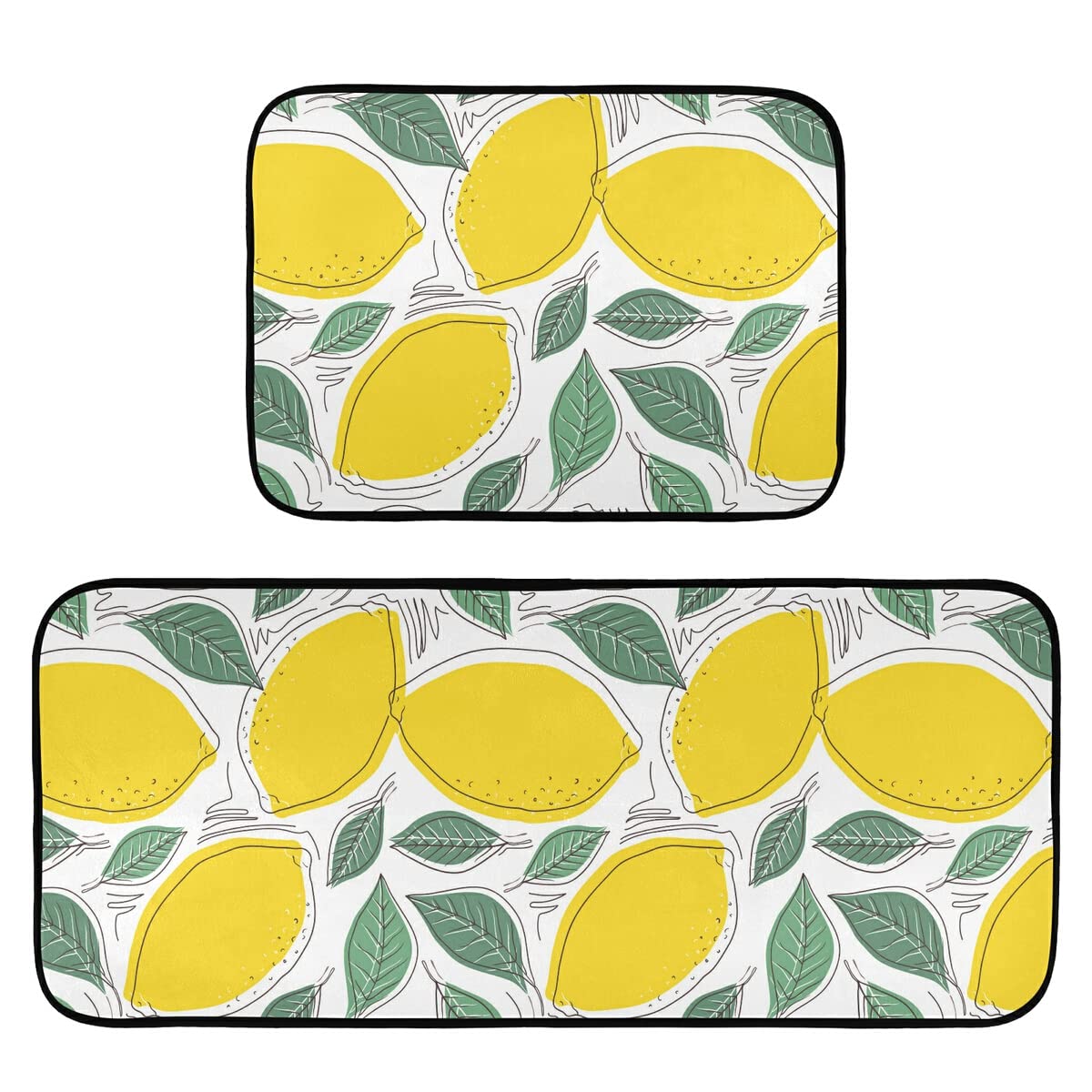 Non-Slip Washable Watercolor Lemon Kitchen Rugs Set of 2 - Absorbent Floor Mats for Kitchen, Living Room & Entryway - Cute Citrus Home Decor for Spring & Summer