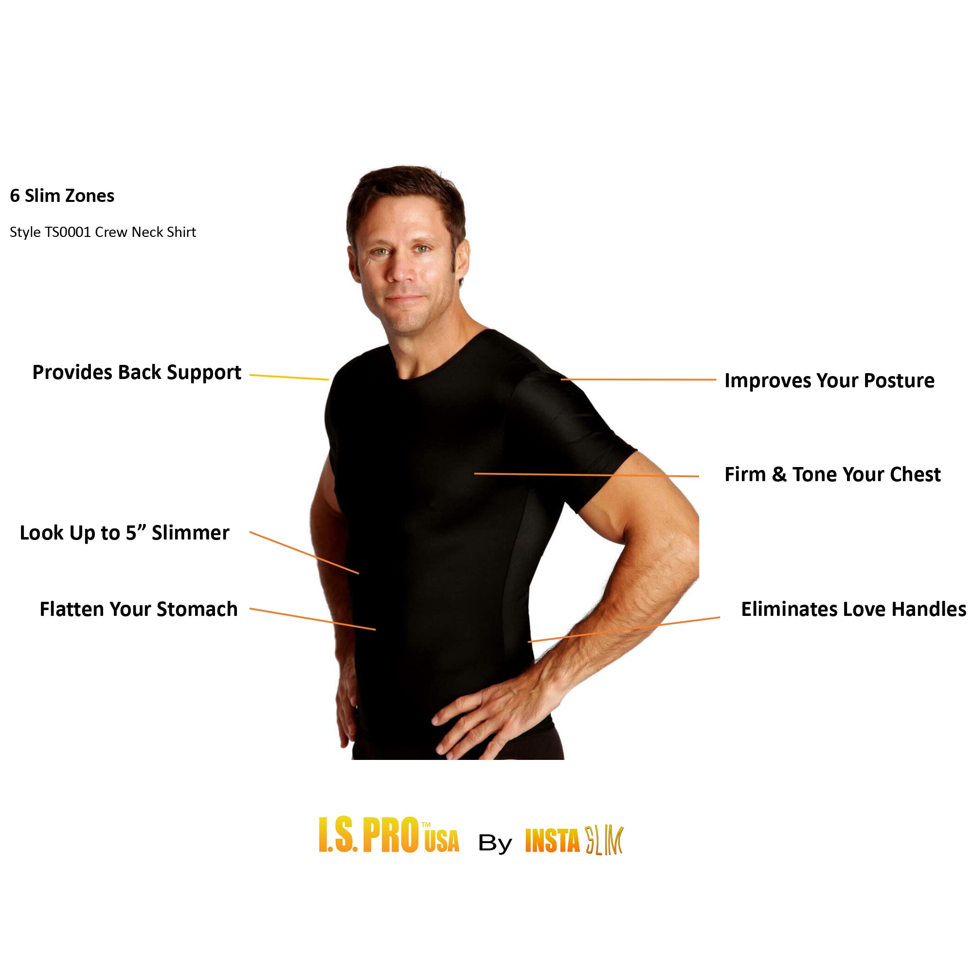 Insta Slim ISPRO Men's Slimming Crew Neck Short Sleeve Compression Shirt - Shapewear for Weight Loss & Body Shaping (3-Pack) | Gym, Workout & Everyday Wear